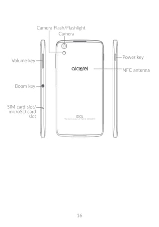 16
Camera
Camera Flash/Flashlight
Volume key
Boom key
Power key
NFC antenna
SIM card slot/
microSD card
slot
 