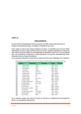 CECOMP 116
TEORIA 12:
TABLA DINAMICAS
ES UNA POTENTE HERRAMIENTA PARA CALCULAR,RESUMIR Y ANALIZARDATOSQUE LE
PERMITE VERCOMPARACIONES,PATRONESYTENDENCIASEN ELLOS.
PARA SABER LO QUE ES UNA TABLA DINÁMICA EN EXCEL, LO PRIMERO QUE HAY QUE TENER
PREPARADO EN EXCEL SERÁ NUESTRA TABLA DE DATOS. SIEMPRE HABREMOS DE PARTIR DE
UNA TABLA DE DATOS DONDE LA INFORMACIÓN SE ORGANIZA POR FILAS Y LAS COLUMNAS
SON LOS DIFERENTES ATRIBUTOS O CARACTERÍSTICAS DE NUESTRA INFORMACIÓN PARA
TRABAJAR CON LAS TABLAS DINÁMICAS.
EN LA SIGUIENTE IMAGEN SE PUEDE VER LA TABLA DE DATOS QUE USAREMOS EN EL MODELO:
EN LA IMAGEN VEMOS UNA SERIE DE DATOS DE VENTAS DE COMERCIALES EN DIFERENTES
MESES Y DE DIFERENTES PRODUCTOS.
 