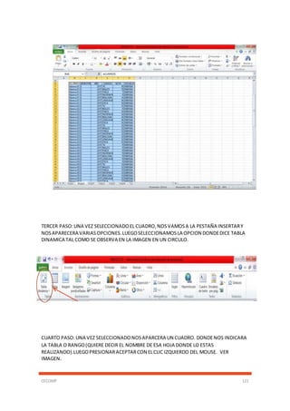 CECOMP 121
TERCER PASO:UNA VEZ SELECCIONADOEL CUADRO,NOSVAMOSA LA PESTAÑA INSERTARY
NOSAPARECERA VARIASOPCIONES.LUEGOSELECCIONAMOSLA OPCION DONDEDICE TABLA
DINAMICA TAL COMO SE OBSERVA EN LA IMAGEN EN UN CIRCULO.
CUARTO PASO:UNA VEZ SELECCIONADONOSAPARCERA UN CUADRO. DONDENOS INDICARA
LA TABLA O RANGO(QUIERE DECIR EL NOMBRE DE ESA HOJA DONDE LO ESTAS
REALIZANDO).LUEGOPRESIONARACEPTARCON ELCLIC IZQUIERDO DEL MOUSE. VER
IMAGEN.
 
