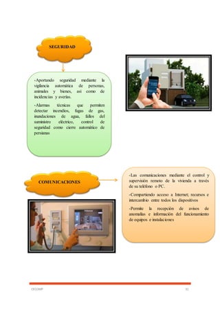 CECOMP 31
SEGURIDAD
COMUNICACIONES
-Aportando seguridad mediante la
vigilancia automática de personas,
animales y bienes, así como de
incidencias y averías.
-Alarmas técnicas que permiten
detectar incendios, fugas de gas,
inundaciones de agua, fallos del
suministro eléctrico, control de
seguridad como cierre automático de
persianas
-Las comunicaciones mediante el control y
supervisión remoto de la vivienda a través
de su teléfono o PC.
-Compartiendo acceso a Internet; recursos e
intercambio entre todos los dispositivos
-Permite la recepción de avisos de
anomalías e información del funcionamiento
de equipos e instalaciones
 