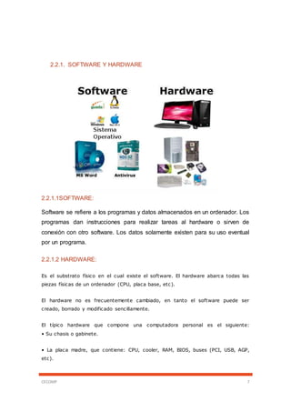 CECOMP 7
2.2.1. SOFTWARE Y HARDWARE
2.2.1.1SOFTWARE:
Software se refiere a los programas y datos almacenados en un ordenador. Los
programas dan instrucciones para realizar tareas al hardware o sirven de
conexión con otro software. Los datos solamente existen para su uso eventual
por un programa.
2.2.1.2 HARDWARE:
Es el substrato físico en el cual existe el software. El hardware abarca todas las
piezas físicas de un ordenador (CPU, placa base, etc).
El hardware no es frecuentemente cambiado, en tanto el software puede ser
creado, borrado y modificado sencillamente.
El típico hardware que compone una computadora personal es el siguiente:
• Su chasis o gabinete.
• La placa madre, que contiene: CPU, cooler, RAM, BIOS, buses (PCI, USB, AGP,
etc).
 