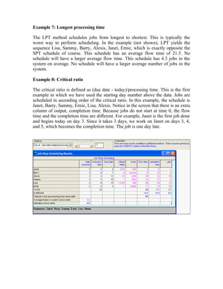 Example 7: Longest processing time
The LPT method schedules jobs from longest to shortest. This is typically the
worst way to perform scheduling. In the example (not shown), LPT yields the
sequence Lisa, Sammy, Barry, Alexis, Janet, Ernie, which is exactly opposite the
SPT schedule of course. This schedule has an average flow time of 21.5. No
schedule will have a larger average flow time. This schedule has 4.3 jobs in the
system on average. No schedule will have a larger average number of jobs in the
system.
Example 8: Critical ratio
The critical ratio is defined as (due date - today)/processing time. This is the first
example in which we have used the starting day number above the data. Jobs are
scheduled in ascending order of the critical ratio. In this example, the schedule is
Janet, Barry, Sammy, Ernie, Lisa, Alexis. Notice in the screen that there is an extra
column of output, completion time. Because jobs do not start at time 0, the flow
time and the completion time are different. For example, Janet is the first job done
and begins today on day 3. Since it takes 3 days, we work on Janet on days 3, 4,
and 5, which becomes the completion time. The job is one day late.
 
