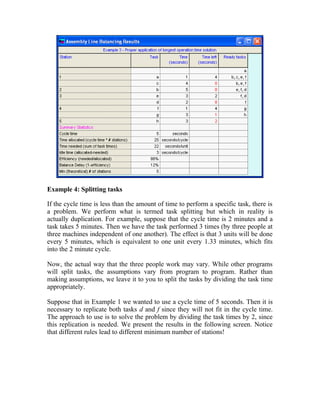 Example 4: Splitting tasks
If the cycle time is less than the amount of time to perform a specific task, there is
a problem. We perform what is termed task splitting but which in reality is
actually duplication. For example, suppose that the cycle time is 2 minutes and a
task takes 5 minutes. Then we have the task performed 3 times (by three people at
three machines independent of one another). The effect is that 3 units will be done
every 5 minutes, which is equivalent to one unit every 1.33 minutes, which fits
into the 2 minute cycle.
Now, the actual way that the three people work may vary. While other programs
will split tasks, the assumptions vary from program to program. Rather than
making assumptions, we leave it to you to split the tasks by dividing the task time
appropriately.
Suppose that in Example 1 we wanted to use a cycle time of 5 seconds. Then it is
necessary to replicate both tasks d and f since they will not fit in the cycle time.
The approach to use is to solve the problem by dividing the task times by 2, since
this replication is needed. We present the results in the following screen. Notice
that different rules lead to different minimum number of stations!
 