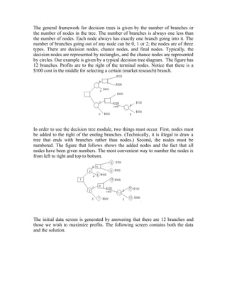 The general framework for decision trees is given by the number of branches or
the number of nodes in the tree. The number of branches is always one less than
the number of nodes. Each node always has exactly one branch going into it. The
number of branches going out of any node can be 0, 1 or 2; the nodes are of three
types. There are decision nodes, chance nodes, and final nodes. Typically, the
decision nodes are represented by rectangles, and the chance nodes are represented
by circles. Our example is given by a typical decision tree diagram. The figure has
12 branches. Profits are to the right of the terminal nodes. Notice that there is a
$100 cost in the middle for selecting a certain (market research) branch.
In order to use the decision tree module, two things must occur. First, nodes must
be added to the right of the ending branches. (Technically, it is illegal to draw a
tree that ends with branches rather than nodes.) Second, the nodes must be
numbered. The figure that follows shows the added nodes and the fact that all
nodes have been given numbers. The most convenient way to number the nodes is
from left to right and top to bottom.
The initial data screen is generated by answering that there are 12 branches and
those we wish to maximize profits. The following screen contains both the data
and the solution.
 