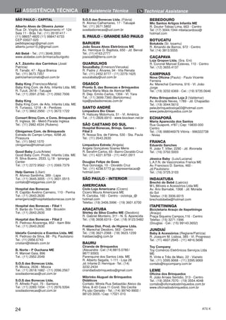 24 AT6 K
ASSISTÊNCIA TÉCNICAPT ES Asistencia Técnica EN Technical Assistance
SÃO PAULO - CAPITAL
Alberto Alves de Oliveira Junior
Rua: Dr. Virgilio do Nascimento nº°124
Sala 11 - Brás Tel.: (11) 26181417 -
(11) 98657-4820 (11) 99847-6733
CEP 03027-020
pedidopecagc@gmail.com
alberto.junior10.jr@gmail.com
Alô Bebê - Tel.: (11) 3648.3000
www.alobebe.com.br/marca/burigotto
A.T. Zézinho dos Carrinhos (José/
Patrícia)
R. Tanabi, 47 - Água Branca
Tel.: (11) 3673.7357
patriciamarconato@uol.com.br
Baby King (Francisco/Maria)
Baby King Com. de Arts. Infantis Ltda. ME
R. Tuiuti, 2618 - Tatuapé
Tel.: (11) 2091.2766 - (11) 2092.7006
Baby King
Baby King Com. de Arts. Infantis Ltda. ME
R. Turiassú, 1218 - A - Perdizes
Tel.: (11) 3862.2950 - (11) 3672.1722
Consert Brinq Com. e Cons. Brinquedos
R. Inglesa, 96 - Metrô Parada Inglesa
Tel.: (11) 2982.4534 (Rubens)
Clinigames Com. de Brinqueods
Estrada do Campo Limpo, 4298 Jd.
Pirassura
Tel.: (11) 5842.1070
clinigames@hotmail.com
Good Baby (Luís/Arlete)
Good Baby Com. Prods. Infantis Ltda. ME
R. Silva Bueno, 2533, Lj.18 - Ipiranga
Center
Tel.: (11) 2272.9562 - (11) 2069.7379
Help Games (Lílian)
R. Afonso Sardinha, 389 - Lapa
Tel.: (11) 3645.3005 - (11) 3831.0515
contato@helpgames.com.br
Hospital das Bonecas
R. Capitão Avelino Carneiro, 110 - Penha
Tel.: (11) 2643.2630
emergencia@hospitaldasbonecas.com.br
Hospital das Bonecas - Filial 1
R. Barão do Triunfo, 368 - Brooklin
Tel.: (11) 2643.2630
Hospital das Bonecas - Filial 2
R. Pedroso Alvarenga, 852 - Itaim Bibi
Tel.: (11) 2643.2630
Ideiafix Comércio e Eventos Ltda. ME
R. Pedroso da Silva, 88 - Pq. Paulistano
Tel.: (11) 2956.6743
cristiani@ideiafx.com.br
B. Norte - P Ouchana ME
R. Manoel Gaia, 896
Tel.: (11) 2952.2049
S.O.S das Bonecas Ltda.
R. Mooca, 2636 - Mooca
Tel.: (11) 2618.1682 - (11) 2096.2567
sosdasbonecas@uol.com.br
S.O.S das Bonecas Ltda.
R. Alfredo Pujol, 70 - Santana
Tel.: (11) 2283.1034 - (11) 2976.5394
sosdasbonecas@uol.com.br
S.O.S das Bonecas Ltda. (Flávia)
R. Alonso Calhamares, 17 - Tatuapé
Tel.: (11) 2671.5802
sosdasbonecas@uol.com.br
S. PAULO - GRANDE SÃO PAULO
BARUERI
João Souza Alves Eletrônicos ME
Av. Henrique G. Baptista, 650 - Jd. Berval
Tel.: (11) 4163.2777
joaosa60@terra.com.br
GUARULHOS
SouzaBaby (Emerson/Veruska)
R. Padre J. Álvares, 94 - Vila Renata
Tel.: (11) 2452.9777 - (11) 2279.1625
souzababy@uol.com.br
OSASCO
Pronto S. das Bonecas e Brinquedos
Salma Maria Maia de Alencar ME
R. Dep. Emílio Carlos, 1304 - Vl. Yara
Tel.: (11) 3699.7360 (Bartolomeu)
loja@psdasbonecas.com.br
SANTO ANDRÉ
Limpadora Bio Clean
R. Hatsuey Motomura, 51 - Vl. América
Tel.: (11) 2826.6910 - www.bioclean.net.br
SÃO CAETANO DO SUL
Hospital Bonecas, Brinqs. Games -
Filial 3
R. Nossa Sra. de Fátima, 530 - Sta. Paula
Tel.: (11) 2643.2630
Limpadora Estrela (Angela)
Angela Gonçalves Soares Meire
R. Serafim Carlos, 65 - Bairro Osvaldo Cruz
Tel.: (11) 4221.9759 - (11) 4451.0911
Douglas Felipe de Goes
Rua Gonzaga, 10 - Osvaldo Cruz
Tel.: (11) 4238.5773 gc.representacao@
hotmail.com
SÃO PAULO - INTERIOR
AMERICANA
Ciclo Loja Americana (Cícero)
Cicero Moura Americana ME
R. Carioba, 160 - Centro - cicloloja_@
hotmail.com
Telefax: (19) 3406.5996 - (19) 3601.6700
ARAÇATUBA
Shirley da Silva Coelho ME (Deodoro)
R. Gabriel Monteiro, 311 - N. S. Aparecida
Tel.: (18) 3608.6319 - Cel.: (18) 9123.5482
Fraldas Dist. Prod. de Higiene Ltda.
R. Marechal Deodoro, 563 - Centro
Tel.: (18) 3621.2368 - (18) 3623.1239
fraldaecia@ig.com.br
BAURU
Ciranda de Brinquedos
(Alexandre - Cel: (14) 8815.0780 /
9877.9393)
Parenquine dos Santos Ltda. ME
R. Alberto Segalla, 1-111 - Loja 28
Jd. Infante D. Henrique - Tel.: (14)
3232.2434
cirandadosbrinquedos@gmail.com
Mibrinks Aluguel de Brinquedos
Didáticos
Contato: Mirela Rua Sebastião Aleixo da
Silva, 8-43 Casa 11 Cond. Sta Cecilia
Pq são Geraldo - Tel.: (14) 99740-9900 /
98123-3005 / Cep: 17021-010
BEBEDOURO
Mic Santos Artigos Infantis ME
R. Doutor Tobias Lima, 663 - Centro
Tel: (17) 3044.1044 mbelacardoso@
hotmail.com
BOTUCATU
Botukids (Sr. Issamu)
R. Amando de Barros, 972 - Centro
Tel: (14) 3813.5555
CAÇAPAVA
Loja Gropon Ltda. (Sra. Eni)
R. Coronel Manoel Esteves, 110 - Centro
Tel.: (12) 3655.4137
CAMPINAS
Nova Oficina (Paulo) - Paulo Vicente
Ferreira
Av. Marechal Carmona, 916 - Vl. João
Jorge
Tel.: (19) 3232.6369 - Cel.: (19) 9735.0646
Peleu Brinquedos Loja 2 (Valdemar)
Av. Andrade Neves, 1789 - Jd. Chapadão
Tel.: (19) 3044.5610
peleubrinquedosloja02@hotmail.com
www.peleubrinquedos.com.br
ECHAPORÃ
Maria Aparecida dos Santos
Rua Guaporé, nº87 | Cep: 19830-000
Centro
Tel.: (18) 998046979 Vitória - 996322738
- Nivea
FRANCA
Eduardo Sanches
R. João T. Viller, 2290 - Jd. Alvorada
Tel.: (16) 3702.5003
Jéssica Baby (Luis/Luciana)
L.A.F.N. de Vasconcelos Franca ME
Av. Francisco D. Santos, 460 -
Jd.Paulistano
Tel.: (16) 3725.3103
INDAIATUBA
Brechó do Bebê (Laércio)
M L Móveis e Acessórios Ltda ME
Av. Ário Barnabé, 1068 - Jd. Morada
do Sol
Telefax: (19) 3936.6015
brechodobebe@hotmail.com
ITAPETININGA
Bicicletaria Araujo de Itapetininga
(Araújo)
Praça Siqueira Campos,116 - Centro
Telefax: (15) 3271.1996
(Douglas - Cel.: (15) 99143.3652)
JUNDIAÍ
Baby & Acessórios (Regiane/Patrícia)
R. Joaquim M. Lisboa, 385 - Vl. Progresso
Tel.: (11) 4607.2945 - (11) 4816.5696
Toy Company
Toy Comércio Eletrônicos Serviços Ltda
ME
R. Vinte e Três de Maio, 22 - Vianelo
Tel.: (11) 3395.9068 - (11) 3395.9069
contato@toycompany.com.br
LEME
Oficina dos Brinquedos
R. João Arraes Seródio, 313 - Centro
Tel.: (19) 3554.7070 - (19) 3554.4048
contato@oficinadosbrinquedos.com.br
www.oficinadosbrinquedos.com.br
 