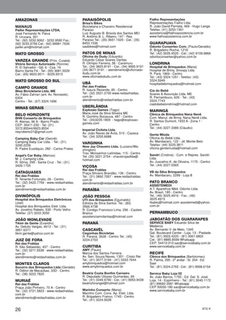26 AT6 K
AMAZONAS
MANAUS
Paifer Representações LTDA.
José Fernando N. Paiva
R. Urucara, 301
Tel.: (92) 3232.9062 - 3232.9590 Fax.:
(92) 3233.9756 Cel.: (92) 99981.7639
paifer.am@hotmail.com
MATO GROSSO
VARZEA GRANDE (Próx. Cuiabá)
Vitória Serviço Autorizado (Ronnie)
R. El Salvador - Qd. 6 - Csa. 16
Bairro Santa Fé - Tel.: (65) 3681.5526
Cel.: (65) 9603.9511 - 9229.9315
MATO GROSSO DO SUL
CAMPO GRANDE
Bliss Bicicletaria Ltda. ME
Av. Fábio Zahran (ant. Av. Noroeste),
6304
Centro - Tel.: (67) 3324.1696
MINAS GERAIS
BELO HORIZONTE
BHN Conserto de Brinquedos
R. Atenas, 96 A - Bairro Prado
CEP: 30411-230 - Tel: (31)
3372.85544/9923.8554
neyroberto31@gmail.com
Camping Baby Car (Geonê)
Camping Baby Car Ltda. - Tel.: (31)
3295.2239
R. Padre Eustáquio, 282 - Carlos Prates
Angel’s Car Baby (Marcos)
M. J. Camping Ltda.
R. Sônia, 299 - Santa Cruz - Tel.: (31)
3426.1705
CATAGUASES
Rei das Fraldas
R. Tenente Fortunato, 26 - Centro
Tel.: (32) 3422.7759 - www.reidasfraldas.
com.br
atendimento@reidasfraldas.com.br
DIVINÓPOLIS
Hospital dos Brinquedos Eletrônicos
(Joel)
Hospital dos Brinquedos Eletr. Ltda.
Av. Jovelino Rabelo, 530 - Porto Velho
Telefax: (37) 3222.3050
JOÃO MONLEVADE
Tikim de Gente (Evandro)
Av. Getulio Vargas, 4613 - Tel.: (31)
3851.6377
tikim.gente@yahoo.com.br
JUIZ DE FORA
Rei das Fraldas
R. São Sebastião, 437 - Centro
Tel.: (32) 3211.5538 - www.reidasfraldas.
com.br
atendimento@reidasfraldas.com.br
MONTES CLAROS
Socorro dos Brinquedos Ltda (Geraldo)
R. Odilon de Macaúbas, 33D - Centro
Tel.: (38) 3222.7820
MURIAÉ
Rei das Fraldas
Praça João Pinheiro, 70 A - Centro
Tel.: (32) 3721.5823 - www.reidasfraldas.
com.br
atendimento@reidasfraldas.com.br
PARAISÓPOLIS
Brisa’s Bikes
Bicicletaria e Chaveiro Residencial
Paraíso
Luiz Augusto B. Brisola dos Santos MEI
R. Antônio B. L. Ribeiro, 147 - Res.
Paraíso Tel.: (35) 3651.1020 - Cel.: (35)
8453.1536
sasbikes@hotmail.com
PATOS DE MINAS
Oficina do Dudu (Eduardo)
Eduardo César Soares Dantas
R. Olímpio Ferreira, 38 - Caramuru
Tel.: (34) 3825.8191 - Cel.: (34) 9995.9191
(34) 9671.9191 - atendimento@oficinado-
dudu.com.br
www.oficinadodudu.com.br
UBÁ
Rei das Fraldas
R. Isaura Rezende, 85 - Centro
Tel.: (32) 3531.2700 www.reidasfraldas.
com.br
atendimento@reidasfraldas.com.br
UBERLÂNDIA
Explosão Games (Tiago)
Maria José da Silva Silveira ME
R. Quintino Bocaiuva, 487 - Centro
Tel.: (34)3235.1809 - tiago@explosao-
games.com
Imperial Ciclista Ltda.
Av. João Naves de Ávila, 510 - Cazeca
Tel.: (34) 3255.6688
VARGINHA
New Jaz Chaveiro Ltda. (Luciano/Wa-
shington)
Trav. Monsenhor Leônidas, 115 - Centro
Tel: (35) 3221.3754 - chaveirojasltda@
hotmail.com
VIÇOSA
Rei das Fraldas
Praça Silviano Brandão, 136 - Centro
Tel.: (31) 3892.7007 - www.reidasfraldas.
com.br
atendimento@reidasfraldas.com.br
PARAÍBA
JOÃO PESSOA
UTI dos Brinquedos (Eguinaldo)
Ednilza da Silva Santos Tel.: (83)
3566.4738
R. Conêgo Francisco Lima, 296 - Castelo
Branco
assistenciamrdantas@hotmail.com
PARANÁ
CASCAVÉL
Cegonhas Bicicletas
R. Paraná, 3628 - Centro Tel.: (45)
3224.2703
CURITIBA
AMY (Paulo)
Marcia dos Santos Ferreira
Av. Sen. Souza Naves, 1351 - Cristo Rei
Tel.: (41) 3077.3194 - (41) 3333.7644
amybrinquedos@hotmail.com
www.amybrinquedos.com.br
Beatriz Costa Bonfim Carneiro
R. Deputado Ulisses Guimarães, 69
Tel.: (41) 3349.9790 - Cel.: (41) 9953.9438
beatrizforangel@hotmail.com
Marinho Conserto (Maria)
Marinho Com. Cons. Ap. Eletr. Ltda.
R. Brigadeiro Franco, 1745 - Centro
Tel.: (41) 3224.5028
Fialho Representações
Representações Fialho Ltda.
R. João David Perneta, 469 - Hugo Lange
Telefax: (41) 3253.1361
assistencia@fialhoassistencia.com.br
www.fialhoassistencia.com.br
GUARAPUAVA
Odonto Consertec Com. (Paulo/Geraldo)
R. Brigadeiro Rocha, 1218
Tel.: (42) 3035.4520 - Cel.: (42) 9109.9866
odontoconsertec@yahoo.com.br
LONDRINA
Hospital de Brinquedos (Maria)
Hospital de Brinq. Snoopy Ltda.
R. Pará, 1869 - Centro
Tel.: (43) 3324.1251 - Telefax: (43)
3324.5949
hospitaldebrinquedos@hotmail.com
Cia do Bebê
Soares & Assunção Ltda. ME
R. Pernambuco, 626 - Tel.: (43)
3324.7743
ciadobebelondrina@hotmail.com
MARINGÁ
Clínica de Brinquedos Nana Nenê
Com. Manut. de Brinq. Nana Nenê Ltda.
R. Santos Dumont, 1933 A - Zona 1 -
Centro
Tel.: (44) 3227.3389 (Cláudio)
Gente Miúda
Oficina do Bebê Ltda.
Av. Mandacarú, 122 - Jd. Monte Belo
Telefax: (44) 3225.3811
oficina.gentemuida@hotmail.com
Sandri (Cristina) - Com. e Repres. Sandri
Ltda.
Av. Juscelino K. de Oliveira, 1175 - Centro
Tel.: (44) 3227.0365
VB da Silva Brinquedos
Av. Mandacaru, 2299 - Loja B
PATO BRANCO
ASSISTEMEDI
A.T. Aparelhos Méd. Odonto Ltda.
Av. Brasil, 185 - Centro
Tel.: (46) 3025.4916 - Fax.: (46)
3025.4915
rbatec@hotmail.com assistemedi@yahoo.
com.br
PERNAMBUCO
JABOATÃO DOS GUARARAPES
SERVICE BABY Eduardo Silva de
Medeiros
Av. Bernardo V. de Melo, 1345
Gal. Boulevard Center - Loja. 13 - Piedade
Tel.: (81) 3003.4220 - (81) 3061.6802
Cel.: (81) 8885.8599 Whatsapp
CEP: 54410-010 sac@servicebaby.com.br
www.servicebaby.com.br
RECIFE
Clínica dos Brinquedos (Bartolomeu)
R. Palma, 295 - 2º andar - Sl. 204 - Ed.
Sael
Tel.: (81) 3224.2765 - Cel.: (81) 9908.6154
Service Baby Loja 02
Av. João Barros, 1750 - Ed. Gal. S. José
Loja. 14 - Espinheiro - Tel.: (81) 3040.1172
(81) 99692-3581 Whatsapp
CEP 50050-180 sac@servicebaby.com.br
www.servicebaby.com.br
 