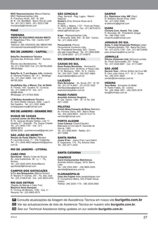 27AT6 K
GASPAR
E.L. Eletrônica Ltda. ME (Davi)
R. Anfilókio Nunes Pires, 4440
Tel.: (47) 3397.3082
el.eletronica@gmail.com
IÇARA
Comarq Com. Assist. Téc. Ltda.
R. Alvorada, 96 - Presidente Vargas
Tel.: (48) 3462.1420
moacirkuss@hotmail.com
JARAGUÁ DO SUL
Assis. T. João Amazonas Pickicius (João)
R. Feliciano Bortolini, 755 - Barra Rio Cerro
Tel.: (47) 3376.1700 - Cel.: (47) 9973.8555
joao.amazonas@terra.com.br
JOINVILLE
Oficina Urbainski Ltda (Afonso/Lucinda)
Av. Paulo Schoroeder, 221- Itinga
Tel.: (47) 3436.9997 - Cel.: 9111.5487
SÃO JOSÉ
Service Toys - Gilmar Anilton da Cruz ME
R. Osni Joao Vieira, 417 - Sl. 2 - Cinas
Tel.: (48) 3241.3600
contato@servicetoys.com.br
VIDEIRA
Teca Bebê - Armazém do Bebê
R. Padre Fidélis, 30 - Centro
Tel.: (49) 3566.1857 - (49) 3533.3078
teca@formatto.com.br
SÃO GONÇALO
(Reg. Serrana - Reg. Lagos - Niterói -
Itaboraí)
Kwkid´s (Eric) Simone Alves da S.
Rouças
R. Abílio J. Mattos, 1727 - Porto da Pedra
Tel.: (21) 2606.3659 - Cel.: (21) 8675.6313
kwkid.s@hotmail.com
Kage - Representações Ltda.
R. Almirante Teffé, 645 - Sl. 602 - Centro
Tel.: (21) 2626.4222
Persombrink (Pierre)
Persombrink Comércio Ltda.
Av. Presidente Kennedy, 623 - Centro
(Ao lado Clube Mauá) - Tel.: (21) 2606.6066
(21) 3248.0063 - (21) 2713.8970
RIO GRANDE DO SUL
CAXIAS DO SUL
Duas Rodas Bicicletas - Veronaciclo
Veronaciclo Com. de Brinq. e Peças Ltda
R. Dr. Montaury, 1005 - Sl. A - Centro
Tel.: (54) 3221.1048 - (54) 3221.6863
duasrodasbici@bol.com.br
LAJEADO
Klein Bicicletas - Av. Acvat, 227 - Sl. 02
Tel.: (51) 3714.4601 - (51) 8122.7923
kleinbicicletas@gmail.com
www.bicicletasklein.com.br
PASSO FUNDO
Amarildo Antonio Gregório
R. Gal. Osório, 1381 - Sl. 13 Tel: (54)
3311.4030
PELOTAS
Pronto Brinq Conserto de Brinq (Nérinton)
Av. Ferreira Viana, 659 - Bairro Areal
Tel.: (53) 3303.8944 - (53) 8113.2173
nerinton@hotmail.com
PORTO ALEGRE
Casa Catraca (César/Cláudio)
Makowski & Cia Ltda R. Visconde do
Herval, 1383
Tel.: (51) 3232.9424 - Telefax: (51)
3217.0359
SANTA MARIA
Joana D’arc - Joana D’arc Lara Hakim
R. Esperanto, 170 - Pq. Antonio Reis
Tel.: (55) 3211.2442
SANTA CATARINA
CHAPECÓ
Carol Componentes Eletrônicos
Avenida Getúlio Vargas, 3318. Bairro
Lider
Tel.: (49) 3324.2991 - (49) 8834.2025
danielle@desbrava.com.br
FLORIANÓPOLIS
Casa dos Fogões www.casadosfogoes.com
R. Conselheiro Mafra, 543 (Prédio Rosa)
Centro
Telefax: (48) 3225.1170 - (48) 3225.0592
MVC Representações (Mauro/Valeria)
MVC Representações Ltda.
R. Francisco Alves, 325 - Sl. 205
Bl. B - Ed. MultiMed - Bairro Ilha do Leite
Tel.: (81) 3071.0903 - (81) 3223.2188
mvclacerda@hotmail.com
PIAUÍ
TERESINA
MARIA DO SOCORRO SOUSA BRITO
R. Magalhães Filho, 160 - Centro CEP:
64000-128
Telefone: (86) 33043020 (86) 988347956
clinicadosbrinquedospi@hotmail.com
RIO DE JANEIRO - CAPITAL
BabyTec Assistência Técnica
Avenida das Américas, 20041 - Numero
05
Recreio dos Bandeirantes - RJ
Tel: (21) 3252.0507 Cel: (21) 99758.2609
(WhatsApp)
BabyTec A. T. em Equips. Infs. (Isabela)
R. General Polidoro, 58 - G 1 - Botafogo
Tel.: (21) 2541.9969 - Cel.: (21)
99758.2609
QualyBaby Hig. e Manut. Car. de Bebê
R. Floreal, 149 - Quadra 15 - Curicica.
Tel.: (21) 3496.2718 - Cel.: (21)
99588.4648
Whatsapp: (21) 97304.5606
LCM Baby Assistência Técnica
Av. Dom Helder Câmara, 4269 - Loja C
Del Castilho - Tel.: (21) 2201.9984
lcmbabyatecnica@hotmail.com
RIO DE JANEIRO - GRANDE RIO
DUQUE DE CAXIAS
Lourival Junior da Silva Mendes
R. Dr. Jacques Borges Sallies, Lote 17
Quadra 27 - Sobrado - Pq. Duque Cidade
Tel.: (21) 3653.7781 - Cel.: (21)
99850.9814
98398.5930 - juniortecnicoedi@gmail.com
SÃO JOÃO DO MERETTI
Renato de Paula Ribeiro (Renato)
R. Laurinda Costa, 71 - Vila Tiradentes
Tel.: (21) 3049.4803 babywork02@yahoo.
com.br
RIO DE JANEIRO - LITORAL
CABO FRIO
Sporttotal - Mayko Costa de Souza
Av. Júlia Kubitschek, 28 - Lj. 1 - Pq.
Riviera
Tel.: (22) 2645.2444 (Kyko/Marco)
sporttotalcf@hotmail.com
CAMPOS DOS GOITACAZES
U.T.I. dos Brinquedos (Márcio/Viviani)
R. Nazário P. Gomes, 431 - Pq. São José
Tel.: (22) 2738.8199 - Cel.: (22) 9944.4244
RIO DAS OSTRAS
(Região de Macaé e Cabo Frio)
Maurício Alves Sampaio
R. Vinícius de Moraes, 1050 - Csa. 2 -
Recanto Tel.: (22) 9903.0075
PT Consulte atualizações da listagem de Assistência Técnica em nosso site burigotto.com.br
Ver las actualizaciones de lista de Asistencia Técnica en nuestro sitio burigotto.com.br.
See our Technical Assistance listing updates on our website burigotto.com.br.
ES
EN
 