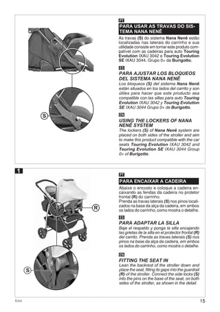 15Ecco
S
1
PARA ENCAIXAR A CADEIRA
PARA USAR AS TRAVAS DO SIS-
TEMA NANA NENÊ
PT
Abaixe o encosto e coloque a cadeira en-
caixando as fendas da cadeira no protetor
frontal (R) do carrinho.
Prenda as travas laterais (S) nos pinos locali-
zados na base da alça da cadeira, em ambos
os lados do carrinho, como mostra o detalhe.
As travas (S) do sistema Nana Nenê estão
localizadas nas laterais do carrinho e sua
utilidade consiste em tornar este produto com-
patível com as cadeiras para auto Touring
Evolution IXAU 3042 e Touring Evolution
SE IXAU 3044, Grupo 0+ da Burigotto.
ES
ES
EN
EN
PARA ADAPTAR LA SILLA
PARA AJUSTAR LOS BLOQUEOS
DEL SISTEMA NANA NENÊ
FITTING THE SEAT IN
USING THE LOCKERS OF NANA
NENÊ SYSTEM
Baje el respaldo y ponga la silla encajando
las grietas de la silla en el protector frontal (R)
del carrito. Prenda as travas laterais (S) nos
pinos na base da alça da cadeira, em ambos
os lados do carrinho, como mostra o detalhe.
Los bloqueos (S) del sistema Nana Nenê
están situados en los lados del carrito y son
útiles para hacer que este producto sea
compatible con las sillas para auto Touring
Evolution IXAU 3042 y Touring Evolution
SE IXAU 3044 Grupo 0+ de Burigotto.
Lean the backrest of the stroller down and
place the seat, fitting its gaps into the guardrail
(R) of the stroller. Connect the side locks (S)
into the pins on the base of the seat, on both
sides of the stroller, as shown in the detail.
The lockers (S) of Nana Nenê system are
placed on both sides of the stroller and aim
to make this product compatible with the car
seats Touring Evolution IXAU 3042 and
Touring Evolution SE IXAU 3044 Group
0+ of Burigotto.
PT
R
S
 