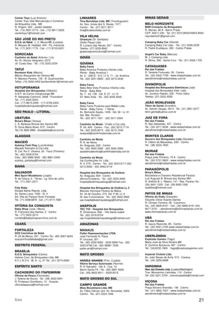 21Ecco
LINHARES
Tina Bicicletas Ltda. ME (Tina/Augustin)
Av. Gov. Jones dos S. Neves, 1071
Centro - Tel.: (27) 3371.0017
tina@tinabicicletas.com.br
VILA VELHA
Giopeças (Sr. Sampaio)
Giotto Peças Ltda.
R. Luciano das Neves, 947 - Centro
Telefax: (27) 3229.8942
giopecaspuericultura@hotmail.com
GOIÁS
GOIÂNIA
Baby Fama
Baby America Produtos Infantis Ltda.
Rener - Baby America-1
Av. C - 208 Q - 512. LT 5, 71 - Jd. América
Tel.: (62) 3251.0803 - (62) 3274.3436
Baby Fama
Baby Bela Vista Produtos Infantis Ltda.
Rener - Baby Bela
Av. T - 63, 138 - Qd. S. 27 - Lt.13
ST. Bela Vista - Tel.: (62) 3255.3020
Baby Fama
Baby Fama Produtos para Bebês Ltda.
Rener - Baby Fama - 1 Rener
Av. Bernardo Sayão, 1439 - Qd. 36 - Lt. 01
Set. Mal. Rondon
Tel.: (62) 3211.1531 - (62) 3211.3264
Cantinho da Moda - Chafic e Cia Ltda.
R. 04, 409 - Centro - Fax.: (62) 3212.7174
Tel.: (62) 3225.8015 - (62) 3212.7040
ezequiel@cantinhodamoda.com.br
Cantinho da Moda
R. A. de Abreu
Av. Araguaia, 625 - Centro
Tel.: (62) 3942.3582 - (62) 3942.3583
assistenciatecnica@cantinhodamoda.com.br
Cantinho da Moda
Vip Confecções Inf. Ltda.
R. 4, 279 - Centro - Tel.: (62) 3223.9117 (62)
3212.0052 - (62) 3942.9116
Hospital dos Brinquedos de Goiânia
Av. Araguaia, 834 - Centro
(Bruno/Cristiano) - Tel.: (62) 3223.3460
hospitaldosbrinquedosgo@hotmail.com
Hospital dos Brinquedos de Goiânia Lj. 2
Marcelo Henrique Pereira de Matos
Av. 24 de Outubro, 274, Qd. P 85, Lt. 6
St. dos Funcionários - Tel.: (62) 3942.3560
sac.hospitaldosbrinquedosgo@hotmail.com
ANÁPOLIS
TEC TOI - Hospital dos Brinquedos
R. Dinamarca, 566, - Vila Santa Isabel
Tel.: (62) 3318.8724
sac.hospitaldosbrinquedosgo@hotmail.com
AMAZONAS
MANAUS
Paifer Representações LTDA.
José Fernando N. Paiva
R. Urucara, 301
Tel.: (92) 3232.9062 - 3232.9590 Fax.: (92)
3233.9756 Cel.: (92) 99981.7639
paifer.am@hotmail.com
MATO GROSSO
VARZEA GRANDE (Próx. Cuiabá)
Vitória Serviço Autorizado (Ronnie)
R. El Salvador - Qd. 6 - Csa. 16
Bairro Santa Fé - Tel.: (65) 3681.5526
Cel.: (65) 9603.9511 - 9229.9315
MATO GROSSO DO SUL
CAMPO GRANDE
Bliss Bicicletaria Ltda. ME
Av. Fábio Zahran (ant. Av. Noroeste), 6304
Centro - Tel.: (67) 3324.1696
MINAS GERAIS
BELO HORIZONTE
BHN Conserto de Brinquedos
R. Atenas, 96 A - Bairro Prado
CEP: 30411-230 - Tel: (31) 3372.85544/9923.8554
neyroberto31@gmail.com
Camping Baby Car (Geonê)
Camping Baby Car Ltda. - Tel.: (31) 3295.2239
R. Padre Eustáquio, 282 - Carlos Prates
Angel’s Car Baby (Marcos)
M. J. Camping Ltda.
R. Sônia, 299 - Santa Cruz - Tel.: (31) 3426.1705
CATAGUASES
Rei das Fraldas
R. Tenente Fortunato, 26 - Centro
Tel.: (32) 3422.7759 - www.reidasfraldas.com.br
atendimento@reidasfraldas.com.br
DIVINÓPOLIS
Hospital dos Brinquedos Eletrônicos (Joel)
Hospital dos Brinquedos Eletr. Ltda.
Av. Jovelino Rabelo, 530 - Porto Velho
Telefax: (37) 3222.3050
JOÃO MONLEVADE
Tikim de Gente (Evandro)
Av. Getulio Vargas, 4613 - Tel.: (31) 3851.6377
tikim.gente@yahoo.com.br
JUIZ DE FORA
Rei das Fraldas
R. São Sebastião, 437 - Centro
Tel.: (32) 3211.5538 - www.reidasfraldas.com.br
atendimento@reidasfraldas.com.br
MONTES CLAROS
Socorro dos Brinquedos Ltda (Geraldo)
R. Odilon de Macaúbas, 33D - Centro
Tel.: (38) 3222.7820
MURIAÉ
Rei das Fraldas
Praça João Pinheiro, 70 A - Centro
Tel.: (32) 3721.5823 - www.reidasfraldas.com.br
atendimento@reidasfraldas.com.br
PARAISÓPOLIS
Brisa’s Bikes
Bicicletaria e Chaveiro Residencial Paraíso
Luiz Augusto B. Brisola dos Santos MEI
R. Antônio B. L. Ribeiro, 147 - Res. Paraíso Tel.:
(35) 3651.1020 - Cel.: (35) 8453.1536
sasbikes@hotmail.com
PATOS DE MINAS
Oficina do Dudu (Eduardo)
Eduardo César Soares Dantas
R. Olímpio Ferreira, 38 - Caramuru
Tel.: (34) 3825.8191 - Cel.: (34) 9995.9191 (34)
9671.9191 - atendimento@oficinadodudu.com.br
www.oficinadodudu.com.br
UBÁ
Rei das Fraldas
R. Isaura Rezende, 85 - Centro
Tel.: (32) 3531.2700 www.reidasfraldas.com.br
atendimento@reidasfraldas.com.br
UBERLÂNDIA
Explosão Games (Tiago)
Maria José da Silva Silveira ME
R. Quintino Bocaiuva, 487 - Centro
Tel.: (34)3235.1809 - tiago@explosaogames.com
Imperial Ciclista Ltda.
Av. João Naves de Ávila, 510 - Cazeca
Tel.: (34) 3255.6688
VARGINHA
NewJazChaveiroLtda.(Luciano/Washington)
Trav. Monsenhor Leônidas, 115 - Centro
Tel: (35) 3221.3754 - chaveirojasltda@hotmail.com
VIÇOSA
Rei das Fraldas
Praça Silviano Brandão, 136 - Centro
Tel.: (31) 3892.7007 - www.reidasfraldas.com.br
atendimento@reidasfraldas.com.br
Center Toys (Luis Antonio)
Center Toys Vale Manutenção e Comércio
de Briquedos Ltda - ME
R. Virgem, 323 - Jardim Satélite
Tel.: (12) 3931.5715 - Cel.: (12) 8817.5626
centertoys1@hotmail.com
SÃO JOSÉ DO RIO PRETO
S.O.S. do Bebê - L. C. Moura ME (Luciana)
R. Moyses M. Haddad, 445 - Pq. Industrial
Tel.: (17) 3231.1770 - Cel.: (17) 8133.6231
SOROCABA
Cantinho do Bebê (Antonio / Lis)
Av. Dr. Afonso Vergueiro, 2372
Jd. Costa Dias - Tel.: (15) 3222.2234
TATUÍ
Bombom Kids (Márcio)
Márcio Alessandro de Oliveira ME
R. Maneco Pereira, 129 - B. Quatrocentos
Telfax: (15) 3205.2452 bombomkids1@hotmail.com
VOTUPORANGA
Hospital dos Brinquedos (Gilberto)
G.N.F. do Carmo Votuporanga ME
R. Sebastião Cechinni, 3508 - Pozzobom
Tel.: (17) 3422.5243
Cel.: (17) 8815.2292 - (17) 9726.2323
hospitaldosbrinquedos@hotmail.com
SÃO PAULO - LITORAL
UBATUBA
Brisa’s Bikes (Teresa)
L. A. Barbosa Brisola dos Santos ME
R. Dona Maria Alves, 672 - Centro
Tel (12) 3832.3883 - brisasbikes@uol.com.br
ALAGOAS
MACEIÓ
Autotoy Park Play (Luiz/Andréa)
Macedo Ramalho & Cia Ltda.
R. Cel. Rui F. Oliveira, 20 - Farol (Pinheiro)
Tel.: (82) 3328.9764
Cels.: (82) 9989.3605 - (82) 8801.0305
autotoy_parkplay@hotmail.com
BAHIA
SALVADOR
Mini Sport Modelismo (Joabe)
R. da Faísca, 6 - Térreo - Lg. Dois de Julho
Tel.: (71) 3321.2371
Paty Baby
Ebrape Bahia Repres. Ltda.
Av. Santa Luzia, 1000 - Sl. 4
Ed. Villa do Parque Horto Florestal
Tel.: (71) 3358.6879 - Cel.: (71) 9111.7900
VITÓRIA DA CONQUISTA
Baby Shop (José / Maria)
R. Francisco dos Santos, 2 - Centro
Tel.: (77) 3422.3213
contato@babyshopcarrinhos.com.br
CEARÁ
FORTALEZA
SOS Carrinhos de Bebê
R. 25 de Março, 451 - Centro Tel.: (85) 3067-6643
soscarrinhosdebebe@gmail.com
DISTRITO FEDERAL
BRASÍLIA
S.O.S. Brinquedos (Carlos)
Helmer Com. de Brinquedos Ltda. ME
S C L N 313 - Bl. A - Lj. 27 Tel.: (61) 3274.6060
ESPÍRITO SANTO
CACHOEIRO DO ITAPEMIRIM
Oficina da Pesca (Fernando)
J. Solene de Souza Tel.: (28) 3522.0941
R. Professor Quintiliano, 12 - Guandu
oficinadapesca@hotmail.com
 