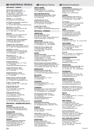 24 Primus K
ASSISTÊNCIA TÉCNICAPT ES Asistencia Técnica EN Technical Assistance
ITAPETININGA
Bicicletaria Araujo de Itapetininga (Araújo)
Praça Siqueira Campos,116 - Centro
Telefax: (15) 3271.1996
(Douglas - Cel.: (15) 99143.3652)
JUNDIAÍ
Baby & Acessórios (Regiane/Patrícia)
R. Joaquim M. Lisboa, 385 - Vl. Progresso
Tel.: (11) 4607.2945 - (11) 4816.5696
Toy Company
Toy Comércio Eletrônicos Serviços Ltda ME
R. Vinte e Três de Maio, 22 - Vianelo
Tel.: (11) 3395.9068 - (11) 3395.9069
contato@toycompany.com.br
LEME
Oficina dos Brinquedos
R. João Arraes Seródio, 313 - Centro
Tel.: (19) 3554.7070 - (19) 3554.4048
contato@oficinadosbrinquedos.com.br
www.oficinadosbrinquedos.com.br
MARÍLIA
A Japonesinha Baby
R. 9 de Julho, 1319 - Centro - Tel.: (14) 3413.2185
MOGI MIRIM
Japonesa Baby & Kids
AFN Com. de Roupas Feitas Ltda. EPP
R. XV de Novembro, 30 - Centro
Tel.: (19) 3862.2880
japonesamogimirim@japonesababy.com.br
Dó Ré Mi
Maria I. D. Barbosa - Tel.: (19) 3862.5666
R. Conde de Parnaíba, 270 - Centro
PINDAMONHANGABA
Loja Japonesa
R. dos Expedicionários, 59 - Centro
Tel.: (12) 3642.5583
felipe@japonesaonline.com.br
PIRACICABA
Elias Antonio Rodrigues Alves ME (Élide)
Av. São Paulo, 493 - Bairro Paulicéia
Tel.: (19) 3434.1647 - Cel.: (19) 9788.6857
PROMISSÃO
Fastin Bike (Izabel)
Izabel Cristina da Silva Promissão - ME
Av. Minas Gerais, 346 - Tel.: (14) 3541.1379
fastynbike@itelefonica.com.br
RIBEIRÃO PRETO
Doutor dos Brinquedos
R. Marechal Deodoro, 448 - Centro
Tel.: (16) 3442.7415 - (16) 3043.7415
doutordosbrinquedos@yahoo.com.br
Help Baby A. T. Autorizada (Peterson)
Peterson Okumoto - Tel.: (16) 3632.5590
R. Amazonas, 967 - Campos Eliseos
assistenciahelpbaby@gmail.com
SALTO
M&G do Brasil
R. Luiz de Brito Almeida, 981 - Jd. Arco Íris
Tel.: (11) 4028.5184
mgdobrasil@hotmail.com
SÃO CARLOS
S.O.S. Duas Rodas (Jair)
J. J. Assistência e Comércio Ltda.
R. Quinze de Novembro, 3263 - Vila Nery
Tel.: (16) 3307.5807 - (16) 3116.5313
Celular: (16) 99712.6878
sos.duasrodas@yahoo.com.br
Doutor dos Brinquedos
Santina Silva Ramos dos Santos
R. Belarmino I. de Souza, 175 - Vl. Monteiro
Tel.: (16) 3116.8120 - (16) 3413.5406
doutordosbrinquedos@hotmail.com
SÃO JOSÉ DOS CAMPOS
Hospital dos Brinquedos
Sílvio dos Santos Silveira (Silvio)
Av. São José, 437 - Centro
Tel.: (12) 3021.0688 - (12) 3302.0688
Celular: (12) 9765.3388
SANTO ANDRÉ
Limpadora Bio Clean
R. Hatsuey Motomura, 51 - Vl. América
Tel.: (11) 2826.6910 - www.bioclean.net.br
SÃO CAETANO DO SUL
Hospital Bonecas, Brinqs. Games - Filial 3
R. Nossa Sra. de Fátima, 530 - Sta. Paula
Tel.: (11) 2643.2630
Limpadora Estrela (Angela)
Angela Gonçalves Soares Meire
R.SerafimCarlos,65-BairroOsvaldoCruz
Tel.: (11) 4221.9759 - (11) 4451.0911
Douglas Felipe de Goes
Rua Gonzaga, 10 - Osvaldo Cruz
Tel.: (11) 4238.5773 gc.representacao@hotmail.com
SÃO PAULO - INTERIOR
AMERICANA
Ciclo Loja Americana (Cícero)
Cicero Moura Americana ME
R. Carioba, 160 - Centro - cicloloja_@hotmail.com
Telefax: (19) 3406.5996 - (19) 3601.6700
ARAÇATUBA
Shirley da Silva Coelho ME (Deodoro)
R. Gabriel Monteiro, 311 - N. S. Aparecida
Tel.: (18) 3608.6319 - Cel.: (18) 9123.5482
Fraldas Dist. Prod. de Higiene Ltda.
R. Marechal Deodoro, 563 - Centro
Tel.: (18) 3621.2368 - (18) 3623.1239
fraldaecia@ig.com.br
BAURU
Ciranda de Brinquedos
(Alexandre-Cel:(14)8815.0780/9877.9393)
Parenquine dos Santos Ltda. ME
R. Alberto Segalla, 1-111 - Loja 28
Jd.InfanteD.Henrique-Tel.:(14) 3232.2434
cirandadosbrinquedos@gmail.com
Mibrinks Aluguel de Brinquedos Didáticos
Contato: Mirela Rua Sebastião Aleixo da Silva, 8-43
Casa 11 Cond. Sta Cecilia Pq são Geraldo - Tel.:
(14) 99740-9900 / 98123-3005 / Cep: 17021-010
BEBEDOURO
Mic Santos Artigos Infantis ME
R. Doutor Tobias Lima, 663 - Centro
Tel: (17) 3044.1044 mbelacardoso@hotmail.com
BOTUCATU
Botukids (Sr. Issamu)
R. Amando de Barros, 972 - Centro
Tel: (14) 3813.5555
CAÇAPAVA
Loja Gropon Ltda. (Sra. Eni)
R. Coronel Manoel Esteves, 110 - Centro
Tel.: (12) 3655.4137
CAMPINAS
Nova Oficina (Paulo) - Paulo Vicente Ferreira
Av. Marechal Carmona, 916 - Vl. João Jorge
Tel.: (19) 3232.6369 - Cel.: (19) 9735.0646
Peleu Brinquedos Loja 2 (Valdemar)
Av. Andrade Neves, 1789 - Jd. Chapadão
Tel.: (19) 3044.5610
peleubrinquedosloja02@hotmail.com
www.peleubrinquedos.com.br
ECHAPORÃ
Maria Aparecida dos Santos
Rua Guaporé, nº87 | Cep: 19830-000 Centro
Tel.: (18) 998046979 Vitória - 996322738 - Nivea
FRANCA
Eduardo Sanches
R. João T. Viller, 2290 - Jd. Alvorada
Tel.: (16) 3702.5003
Jéssica Baby (Luis/Luciana)
L.A.F.N. de Vasconcelos Franca ME
Av. Francisco D. Santos, 460 - Jd.Paulistano
Tel.: (16) 3725.3103
INDAIATUBA
Brechó do Bebê (Laércio)
M L Móveis e Acessórios Ltda ME
Av. Ário Barnabé, 1068 - Jd. Morada do Sol
Telefax: (19) 3936.6015
brechodobebe@hotmail.com
SÃO PAULO - CAPITAL
Alberto Alves de Oliveira Junior
Rua: Dr. Virgilio do Nascimento nº°124
Sala 11 - Brás Tel.: (11) 26181417 -
(11) 98657-4820 (11) 99847-6733
CEP 03027-020 pedidopecagc@gmail.com
alberto.junior10.jr@gmail.com
Alô Bebê - Tel.: (11) 3648.3000
www.alobebe.com.br/marca/burigotto
A.T. Zézinho dos Carrinhos (José/Patrícia)
R. Tanabi, 47 - Água Branca
Tel.: (11) 3673.7357 patriciamarconato@uol.com.br
Baby King (Francisco/Maria)
Baby King Com. de Arts. Infantis Ltda. ME
R. Tuiuti, 2618 - Tatuapé
Tel.: (11) 2091.2766 - (11) 2092.7006
Baby King
Baby King Com. de Arts. Infantis Ltda. ME
R. Turiassú, 1218 - A - Perdizes
Tel.: (11) 3862.2950 - (11) 3672.1722
Consert Brinq Com. e Cons. Brinquedos
R. Inglesa, 96 - Metrô Parada Inglesa
Tel.: (11) 2982.4534 (Rubens)
Clinigames Com. de Brinqueods
Estrada do Campo Limpo, 4298 Jd. Pirassura
Tel.: (11) 5842.1070 clinigames@hotmail.com
Good Baby (Luís/Arlete)
Good Baby Com. Prods. Infantis Ltda. ME
R. Silva Bueno, 2533, Lj.18 - Ipiranga Center
Tel.: (11) 2272.9562 - (11) 2069.7379
Help Games (Lílian)
R. Afonso Sardinha, 389 - Lapa
Tel.: (11) 3645.3005 - (11) 3831.0515
contato@helpgames.com.br
Hospital das Bonecas
R. Capitão Avelino Carneiro, 110 - Penha
Tel.: (11) 2643.2630
emergencia@hospitaldasbonecas.com.br
Hospital das Bonecas - Filial 1
R. Barão do Triunfo, 368 - Brooklin
Tel.: (11) 2643.2630
Hospital das Bonecas - Filial 2
R. Pedroso Alvarenga, 852 - Itaim Bibi
Tel.: (11) 2643.2630
Ideiafix Comércio e Eventos Ltda. ME
R. Pedroso da Silva, 88 - Pq. Paulistano
Tel.:(11)2956.6743-cristiani@ideiafx.com.br
B. Norte - P Ouchana ME
R. Manoel Gaia, 896 - Tel.: (11) 2952.2049
S.O.S das Bonecas Ltda.
R. Mooca, 2636 - Mooca
Tel.: (11) 2618.1682 - (11) 2096.2567
sosdasbonecas@uol.com.br
S.O.S das Bonecas Ltda.
R. Alfredo Pujol, 70 - Santana
Tel.: (11) 2283.1034 - (11) 2976.5394
sosdasbonecas@uol.com.br
S.O.S das Bonecas Ltda. (Flávia)
R. Alonso Calhamares, 17 - Tatuapé
Tel.: (11) 2671.5802 sosdasbonecas@uol.com.br
SÃO PAULO - GRANDE SÃO PAULO
BARUERI
João Souza Alves Eletrônicos ME
Av. Henrique G. Baptista, 650 - Jd. Berval
Tel.:(11)4163.2777-joaosa60@terra.com.br
GUARULHOS
SouzaBaby (Emerson/Veruska)
R. Padre J. Álvares,94 -Vila Renata
Tel.: (11) 2452.9777 - (11) 2279.1625
souzababy@uol.com.br
OSASCO
Pronto S. das Bonecas e Brinquedos
Salma Maria Maia de Alencar ME
R. Dep. Emílio Carlos, 1304 - Vl. Yara
Tel.: (11) 3699.7360 (Bartolomeu)
loja@psdasbonecas.com.br
 