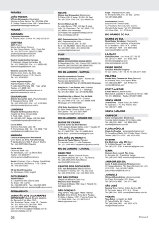 26 Primus K
PARAÍBA
JOÃO PESSOA
UTI dos Brinquedos (Eguinaldo)
Ednilza da Silva Santos Tel.: (83) 3566.4738
R. Conêgo Francisco Lima, 296 - Castelo Branco
assistenciamrdantas@hotmail.com
PARANÁ
CASCAVÉL
Cegonhas Bicicletas
R. Paraná, 3628 - Centro Tel.: (45) 3224.2703
CURITIBA
AMY (Paulo)
Marcia dos Santos Ferreira
Av. Sen. Souza Naves, 1351 - Cristo Rei
Tel.: (41) 3077.3194 - (41) 3333.7644
amybrinquedos@hotmail.com
www.amybrinquedos.com.br
Beatriz Costa Bonfim Carneiro
R. Deputado Ulisses Guimarães, 69
Tel.: (41) 3349.9790 - Cel.: (41) 9953.9438
beatrizforangel@hotmail.com
Marinho Conserto (Maria)
Marinho Com. Cons. Ap. Eletr. Ltda.
R. Brigadeiro Franco, 1745 - Centro
Tel.: (41) 3224.5028
Fialho Representações
Representações Fialho Ltda.
R. João David Perneta, 469 - Hugo Lange
Telefax: (41) 3253.1361
assistencia@fialhoassistencia.com.br
www.fialhoassistencia.com.br
GUARAPUAVA
Odonto Consertec Com. (Paulo/Geraldo)
R. Brigadeiro Rocha, 1218
Tel.: (42) 3035.4520 - Cel.: (42) 9109.9866
odontoconsertec@yahoo.com.br
LONDRINA
Hospital de Brinquedos (Maria)
Hospital de Brinq. Snoopy Ltda.
R. Pará, 1869 - Centro
Tel.: (43) 3324.1251-Telefax: (43) 3324.5949
hospitaldebrinquedos@hotmail.com
Cia do Bebê
Soares & Assunção Ltda. ME
R. Pernambuco, 626 - Tel.: (43) 3324.7743
ciadobebelondrina@hotmail.com
MARINGÁ
Clínica de Brinquedos Nana Nenê
Com. Manut. de Brinq. Nana Nenê Ltda.
R. Santos Dumont, 1933 A - Zona 1 - Centro
Tel.: (44) 3227.3389 (Cláudio)
Gente Miúda
Oficina do Bebê Ltda.
Av. Mandacarú, 122 - Jd. Monte Belo
Telefax: (44) 3225.3811
oficina.gentemuida@hotmail.com
Sandri (Cristina) - Com. e Repres. Sandri Ltda.
Av. Juscelino K. de Oliveira, 1175 - Centro
Tel.: (44) 3227.0365
VB da Silva Brinquedos
Av. Mandacaru, 2299 - Loja B
PATO BRANCO
ASSISTEMEDI
A.T. Aparelhos Méd. Odonto Ltda.
Av. Brasil, 185 - Centro
Tel.: (46) 3025.4916 - Fax.: (46) 3025.4915
rbatec@hotmail.com assistemedi@yahoo.com.br
PERNAMBUCO
JABOATÃO DOS GUARARAPES
SERVICE BABY Eduardo Silva de Medeiros
Av. Bernardo V. de Melo, 1345
Gal. Boulevard Center - Loja. 13 - Piedade
Tel.: (81) 3003.4220 - (81) 3061.6802
Cel.: (81) 8885.8599 Whatsapp
CEP: 54410-010 sac@servicebaby.com.br
www.servicebaby.com.br
Kage - Representações Ltda.
R. Almirante Teffé, 645 - Sl. 602 - Centro
Tel.: (21) 2626.4222
Persombrink (Pierre)
Persombrink Comércio Ltda.
Av. Presidente Kennedy, 623 - Centro
(Ao lado Clube Mauá) - Tel.: (21) 2606.6066
(21) 3248.0063 - (21) 2713.8970
RIO GRANDE DO SUL
CAXIAS DO SUL
Duas Rodas Bicicletas - Veronaciclo
Veronaciclo Com. de Brinq. e Peças Ltda
R. Dr. Montaury, 1005 - Sl. A - Centro
Tel.: (54) 3221.1048 - (54) 3221.6863
duasrodasbici@bol.com.br
LAJEADO
Klein Bicicletas - Av. Acvat, 227 - Sl. 02
Tel.: (51) 3714.4601 - (51) 8122.7923
kleinbicicletas@gmail.com
www.bicicletasklein.com.br
PASSO FUNDO
Amarildo Antonio Gregório
R. Gal. Osório, 1381 - Sl. 13 Tel: (54) 3311.4030
PELOTAS
Pronto Brinq Conserto de Brinq (Nérinton)
Av. Ferreira Viana, 659 - Bairro Areal
Tel.: (53) 3303.8944 - (53) 8113.2173
nerinton@hotmail.com
PORTO ALEGRE
Casa Catraca (César/Cláudio)
Makowski & Cia Ltda R. Visconde do Herval, 1383
Tel.: (51) 3232.9424 - Telefax: (51) 3217.0359
SANTA MARIA
Joana D’arc - Joana D’arc Lara Hakim
R. Esperanto, 170 - Pq. Antonio Reis
Tel.: (55) 3211.2442
SANTA CATARINA
CHAPECÓ
Carol Componentes Eletrônicos
Avenida Getúlio Vargas, 3318. Bairro Lider
Tel.: (49) 3324.2991 - (49) 8834.2025
danielle@desbrava.com.br
FLORIANÓPOLIS
Casa dos Fogões - www.casadosfogoes.com
R. Conselheiro Mafra, 543 (Prédio Rosa) - Centro
Telefax: (48) 3225.1170 - (48) 3225.0592
GASPAR
E.L. Eletrônica Ltda. ME (Davi)
R. Anfilókio Nunes Pires, 4440
Tel.: (47) 3397.3082 el.eletronica@gmail.com
IÇARA
Comarq Com. Assist. Téc. Ltda.
R. Alvorada, 96 - Presidente Vargas
Tel.: (48) 3462.1420 moacirkuss@hotmail.com
JARAGUÁ DO SUL
Assis. T. João Amazonas Pickicius (João)
R. Feliciano Bortolini, 755 - Barra Rio Cerro Tel.: (47)
3376.1700 - Cel.: (47) 9973.8555
joao.amazonas@terra.com.br
JOINVILLE
Oficina Urbainski Ltda (Afonso/Lucinda)
Av. Paulo Schoroeder, 221- Itinga
Tel.: (47) 3436.9997 - Cel.: 9111.5487
SÃO JOSÉ
Service Toys - Gilmar Anilton da Cruz ME
R. Osni Joao Vieira, 417 - Sl. 2 - Cinas
Tel.: (48) 3241.3600 contato@servicetoys.com.br
VIDEIRA
Teca Bebê - Armazém do Bebê
R. Padre Fidélis, 30 - Centro
Tel.: (49) 3566.1857 - (49) 3533.3078
teca@formatto.com.br
RECIFE
Clínica dos Brinquedos (Bartolomeu)
R. Palma, 295 - 2º andar - Sl. 204 - Ed. Sael
Tel.: (81) 3224.2765 - Cel.: (81) 9908.6154
Service Baby Loja 02
Av. João Barros, 1750 - Ed. Gal. S. José
Loja. 14 - Espinheiro - Tel.: (81) 3040.1172
(81) 99692-3581 Whatsapp
CEP 50050-180 sac@servicebaby.com.br
www.servicebaby.com.br
MVC Representações (Mauro/Valeria)
MVC Representações Ltda.
R. Francisco Alves, 325 - Sl. 205
Bl. B - Ed. MultiMed - Bairro Ilha do Leite
Tel.: (81) 3071.0903 - (81) 3223.2188
mvclacerda@hotmail.com
PIAUÍ
TERESINA
MARIA DO SOCORRO SOUSA BRITO
R. Magalhães Filho, 160 - Centro CEP: 64000-128
Telefone: (86) 33043020 (86) 988347956
clinicadosbrinquedospi@hotmail.com
RIO DE JANEIRO - CAPITAL
BabyTec Assistência Técnica
Avenida das Américas, 20041 - Numero 05
Recreio dos Bandeirantes - RJ
Tel: (21) 3252.0507 Cel: (21) 99758.2609 (WhatsApp)
BabyTec A. T. em Equips. Infs. (Isabela)
R. General Polidoro, 58 - G 1 - Botafogo
Tel.: (21) 2541.9969 - Cel.: (21) 99758.2609
QualyBaby Hig. e Manut. Car. de Bebê
R. Floreal, 149 - Quadra 15 - Curicica.
Tel.: (21) 3496.2718 - Cel.: (21) 99588.4648
Whatsapp: (21) 97304.5606
LCM Baby Assistência Técnica
Av. Dom Helder Câmara, 4269 - Loja C
Del Castilho - Tel.: (21) 2201.9984
lcmbabyatecnica@hotmail.com
RIO DE JANEIRO - GRANDE RIO
DUQUE DE CAXIAS
Lourival Junior da Silva Mendes
R. Dr. Jacques Borges Sallies, Lote 17 Quadra 27
- Sobrado - Pq. Duque Cidade
Tel.: (21) 3653.7781 - Cel.: (21) 99850.9814
98398.5930 - juniortecnicoedi@gmail.com
SÃO JOÃO DO MERETTI
Renato de Paula Ribeiro (Renato)
R. Laurinda Costa, 71 - Vila Tiradentes
Tel.: (21) 3049.4803 babywork02@yahoo.com.br
RIO DE JANEIRO - LITORAL
CABO FRIO
Sporttotal - Mayko Costa de Souza
Av. Júlia Kubitschek, 28 - Lj. 1 - Pq. Riviera
Tel.: (22) 2645.2444 (Kyko/Marco)
sporttotalcf@hotmail.com
CAMPOS DOS GOITACAZES
U.T.I. dos Brinquedos (Márcio/Viviani)
R. Nazário P. Gomes, 431 - Pq. São José
Tel.: (22) 2738.8199 - Cel.: (22) 9944.4244
RIO DAS OSTRAS
(Região de Macaé e Cabo Frio)
Maurício Alves Sampaio
R. Vinícius de Moraes, 1050 - Csa. 2 - Recanto Tel.:
(22) 9903.0075
SÃO GONÇALO
(Reg. Serrana - Reg. Lagos - Niterói - Itaboraí)
Kwkid´s (Eric) Simone Alves da S. Rouças
R. Abílio J. Mattos, 1727 - Porto da Pedra Tel.:
(21) 2606.3659 - Cel.: (21) 8675.6313
kwkid.s@hotmail.com
 