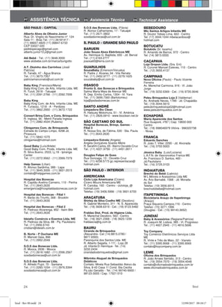24 Soul
ASSISTÊNCIA TÉCNICA Asistencia Técnica Technical Assistance
SÃO PAULO - CAPITAL
Alberto Alves de Oliveira Junior
Rua: Dr. Virgilio do Nascimento nº°124
Sala 11 - Brás Tel.: (11) 26181417 -
(11) 98657-4820 (11) 99847-6733
CEP 03027-020
pedidopecagc@gmail.com
alberto.junior10.jr@gmail.com
Alô Bebê - Tel.: (11) 3648.3000
www.alobebe.com.br/marca/burigotto
A.T. Zézinho dos Carrinhos (José/
Patrícia)
R. Tanabi, 47 - Água Branca
Tel.: (11) 3673.7357
patriciamarconato@uol.com.br
Baby King (Francisco/Maria)
Baby King Com. de Arts. Infantis Ltda. ME
R. Tuiuti, 2618 - Tatuapé
Tel.: (11) 2091.2766 - (11) 2092.7006
Baby King
Baby King Com. de Arts. Infantis Ltda. ME
R. Turiassú, 1218 - A - Perdizes
Tel.: (11) 3862.2950 - (11) 3672.1722
Consert Brinq Com. e Cons. Brinquedos
R. Inglesa, 96 - Metrô Parada Inglesa
Tel.: (11) 2982.4534 (Rubens)
Clinigames Com. de Brinqueods
Estrada do Campo Limpo, 4298 Jd.
Pirassura
Tel.: (11) 5842.1070
clinigames@hotmail.com
Good Baby (Luís/Arlete)
Good Baby Com. Prods. Infantis Ltda. ME
R. Silva Bueno, 2533, Lj.18 - Ipiranga
Center
Tel.: (11) 2272.9562 - (11) 2069.7379
Help Games (Lílian)
R. Afonso Sardinha, 389 - Lapa
Tel.: (11) 3645.3005 - (11) 3831.0515
contato@helpgames.com.br
Hospital das Bonecas
R. Capitão Avelino Carneiro, 110 - Penha
Tel.: (11) 2643.2630
emergencia@hospitaldasbonecas.com.br
Hospital das Bonecas - Filial 1
R. Barão do Triunfo, 368 - Brooklin
Tel.: (11) 2643.2630
Hospital das Bonecas - Filial 2
R. Pedroso Alvarenga, 852 - Itaim Bibi
Tel.: (11) 2643.2630
Ideiafix Comércio e Eventos Ltda. ME
R. Pedroso da Silva, 88 - Pq. Paulistano
Tel.: (11) 2956.6743
cristiani@ideiafx.com.br
B. Norte - P Ouchana ME
R. Manoel Gaia, 896
Tel.: (11) 2952.2049
S.O.S das Bonecas Ltda.
R. Mooca, 2636 - Mooca
Tel.: (11) 2618.1682 - (11) 2096.2567
sosdasbonecas@uol.com.br
S.O.S das Bonecas Ltda.
R. Alfredo Pujol, 70 - Santana
Tel.: (11) 2283.1034 - (11) 2976.5394
sosdasbonecas@uol.com.br
S.O.S das Bonecas Ltda. (Flávia)
R. Alonso Calhamares, 17 - Tatuapé
Tel.: (11) 2671.5802
sosdasbonecas@uol.com.br
S. PAULO - GRANDE SÃO PAULO
BARUERI
João Souza Alves Eletrônicos ME
Av. Henrique G. Baptista, 650 - Jd. Berval
Tel.: (11) 4163.2777
joaosa60@terra.com.br
GUARULHOS
SouzaBaby (Emerson/Veruska)
R. Padre J. Álvares, 94 - Vila Renata
Tel.: (11) 2452.9777 - (11) 2279.1625
souzababy@uol.com.br
OSASCO
Pronto S. das Bonecas e Brinquedos
Salma Maria Maia de Alencar ME
R. Dep. Emílio Carlos, 1304 - Vl. Yara
Tel.: (11) 3699.7360 (Bartolomeu)
loja@psdasbonecas.com.br
SANTO ANDRÉ
Limpadora Bio Clean
R. Hatsuey Motomura, 51 - Vl. América
Tel.: (11) 2826.6910 - www.bioclean.net.br
SÃO CAETANO DO SUL
Hospital Bonecas, Brinqs. Games -
Filial 3
R. Nossa Sra. de Fátima, 530 - Sta. Paula
Tel.: (11) 2643.2630
Limpadora Estrela (Angela)
Angela Gonçalves Soares Meire
R. Serafim Carlos, 65 - Bairro Osvaldo Cruz
Tel.: (11) 4221.9759 - (11) 4451.0911
Douglas Felipe de Goes
Rua Gonzaga, 10 - Osvaldo Cruz
Tel.: (11) 4238.5773 gc.representacao@
hotmail.com
SÃO PAULO - INTERIOR
AMERICANA
Ciclo Loja Americana (Cícero)
Cicero Moura Americana ME
R. Carioba, 160 - Centro - cicloloja_@
hotmail.com
Telefax: (19) 3406.5996 - (19) 3601.6700
ARAÇATUBA
Shirley da Silva Coelho ME (Deodoro)
R. Gabriel Monteiro, 311 - N. S. Aparecida
Tel.: (18) 3608.6319 - Cel.: (18) 9123.5482
Fraldas Dist. Prod. de Higiene Ltda.
R. Marechal Deodoro, 563 - Centro
Tel.: (18) 3621.2368 - (18) 3623.1239
fraldaecia@ig.com.br
BAURU
Ciranda de Brinquedos
(Alexandre - Cel: (14) 8815.0780 /
9877.9393)
Parenquine dos Santos Ltda. ME
R. Alberto Segalla, 1-111 - Loja 28
Jd. Infante D. Henrique - Tel.: (14)
3232.2434
cirandadosbrinquedos@gmail.com
Mibrinks Aluguel de Brinquedos
Didáticos
Contato: Mirela Rua Sebastião Aleixo da
Silva, 8-43 Casa 11 Cond. Sta Cecilia
Pq são Geraldo - Tel.: (14) 99740-9900 /
98123-3005 / Cep: 17021-010
BEBEDOURO
Mic Santos Artigos Infantis ME
R. Doutor Tobias Lima, 663 - Centro
Tel: (17) 3044.1044 mbelacardoso@
hotmail.com
BOTUCATU
Botukids (Sr. Issamu)
R. Amando de Barros, 972 - Centro
Tel: (14) 3813.5555
CAÇAPAVA
Loja Gropon Ltda. (Sra. Eni)
R. Coronel Manoel Esteves, 110 - Centro
Tel.: (12) 3655.4137
CAMPINAS
Nova Oficina (Paulo) - Paulo Vicente
Ferreira
Av. Marechal Carmona, 916 - Vl. João
Jorge
Tel.: (19) 3232.6369 - Cel.: (19) 9735.0646
Peleu Brinquedos Loja 2 (Valdemar)
Av. Andrade Neves, 1789 - Jd. Chapadão
Tel.: (19) 3044.5610
peleubrinquedosloja02@hotmail.com
www.peleubrinquedos.com.br
ECHAPORÃ
Maria Aparecida dos Santos
Rua Guaporé, nº87 | Cep: 19830-000
Centro
Tel.: (18) 998046979 Vitória - 996322738
- Nivea
FRANCA
Eduardo Sanches
R. João T. Viller, 2290 - Jd. Alvorada
Tel.: (16) 3702.5003
Jéssica Baby (Luis/Luciana)
L.A.F.N. de Vasconcelos Franca ME
Av. Francisco D. Santos, 460 -
Jd.Paulistano
Tel.: (16) 3725.3103
INDAIATUBA
Brechó do Bebê (Laércio)
M L Móveis e Acessórios Ltda ME
Av. Ário Barnabé, 1068 - Jd. Morada
do Sol
Telefax: (19) 3936.6015
brechodobebe@hotmail.com
ITAPETININGA
Bicicletaria Araujo de Itapetininga
(Araújo)
Praça Siqueira Campos,116 - Centro
Telefax: (15) 3271.1996
(Douglas - Cel.: (15) 99143.3652)
JUNDIAÍ
Baby & Acessórios (Regiane/Patrícia)
R. Joaquim M. Lisboa, 385 - Vl. Progresso
Tel.: (11) 4607.2945 - (11) 4816.5696
Toy Company
Toy Comércio Eletrônicos Serviços Ltda
ME
R. Vinte e Três de Maio, 22 - Vianelo
Tel.: (11) 3395.9068 - (11) 3395.9069
contato@toycompany.com.br
LEME
Oficina dos Brinquedos
R. João Arraes Seródio, 313 - Centro
Tel.: (19) 3554.7070 - (19) 3554.4048
contato@oficinadosbrinquedos.com.br
www.oficinadosbrinquedos.com.br
PT ES EN
Soul - Rev 00.indd 24 12/09/2017 09:18:17
 