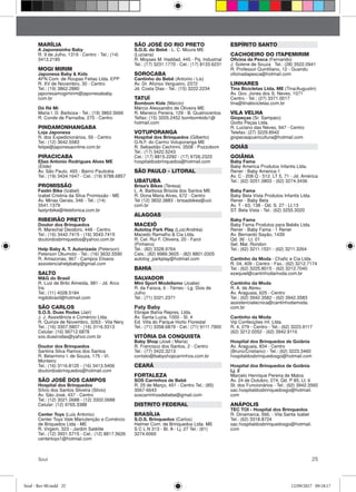 25Soul
SÃO JOSÉ DO RIO PRETO
S.O.S. do Bebê - L. C. Moura ME
(Luciana)
R. Moyses M. Haddad, 445 - Pq. Industrial
Tel.: (17) 3231.1770 - Cel.: (17) 8133.6231
SOROCABA
Cantinho do Bebê (Antonio / Lis)
Av. Dr. Afonso Vergueiro, 2372
Jd. Costa Dias - Tel.: (15) 3222.2234
TATUÍ
Bombom Kids (Márcio)
Márcio Alessandro de Oliveira ME
R. Maneco Pereira, 129 - B. Quatrocentos
Telfax: (15) 3205.2452 bombomkids1@
hotmail.com
VOTUPORANGA
Hospital dos Brinquedos (Gilberto)
G.N.F. do Carmo Votuporanga ME
R. Sebastião Cechinni, 3508 - Pozzobom
Tel.: (17) 3422.5243
Cel.: (17) 8815.2292 - (17) 9726.2323
hospitaldosbrinquedos@hotmail.com
SÃO PAULO - LITORAL
UBATUBA
Brisa’s Bikes (Teresa)
L. A. Barbosa Brisola dos Santos ME
R. Dona Maria Alves, 672 - Centro
Tel (12) 3832.3883 - brisasbikes@uol.
com.br
ALAGOAS
MACEIÓ
Autotoy Park Play (Luiz/Andréa)
Macedo Ramalho & Cia Ltda.
R. Cel. Rui F. Oliveira, 20 - Farol
(Pinheiro)
Tel.: (82) 3328.9764
Cels.: (82) 9989.3605 - (82) 8801.0305
autotoy_parkplay@hotmail.com
BAHIA
SALVADOR
Mini Sport Modelismo (Joabe)
R. da Faísca, 6 - Térreo - Lg. Dois de
Julho
Tel.: (71) 3321.2371
Paty Baby
Ebrape Bahia Repres. Ltda.
Av. Santa Luzia, 1000 - Sl. 4
Ed. Villa do Parque Horto Florestal
Tel.: (71) 3358.6879 - Cel.: (71) 9111.7900
VITÓRIA DA CONQUISTA
Baby Shop (José / Maria)
R. Francisco dos Santos, 2 - Centro
Tel.: (77) 3422.3213
contato@babyshopcarrinhos.com.br
CEARÁ
FORTALEZA
SOS Carrinhos de Bebê
R. 25 de Março, 451 - Centro Tel.: (85)
3067-6643
soscarrinhosdebebe@gmail.com
DISTRITO FEDERAL
BRASÍLIA
S.O.S. Brinquedos (Carlos)
Helmer Com. de Brinquedos Ltda. ME
S C L N 313 - Bl. A - Lj. 27 Tel.: (61)
3274.6060
MARÍLIA
A Japonesinha Baby
R. 9 de Julho, 1319 - Centro - Tel.: (14)
3413.2185
MOGI MIRIM
Japonesa Baby & Kids
AFN Com. de Roupas Feitas Ltda. EPP
R. XV de Novembro, 30 - Centro
Tel.: (19) 3862.2880
japonesamogimirim@japonesababy.
com.br
Dó Ré Mi
Maria I. D. Barbosa - Tel.: (19) 3862.5666
R. Conde de Parnaíba, 270 - Centro
PINDAMONHANGABA
Loja Japonesa
R. dos Expedicionários, 59 - Centro
Tel.: (12) 3642.5583
felipe@japonesaonline.com.br
PIRACICABA
Elias Antonio Rodrigues Alves ME
(Élide)
Av. São Paulo, 493 - Bairro Paulicéia
Tel.: (19) 3434.1647 - Cel.: (19) 9788.6857
PROMISSÃO
Fastin Bike (Izabel)
Izabel Cristina da Silva Promissão - ME
Av. Minas Gerais, 346 - Tel.: (14)
3541.1379
fastynbike@itelefonica.com.br
RIBEIRÃO PRETO
Doutor dos Brinquedos
R. Marechal Deodoro, 448 - Centro
Tel.: (16) 3442.7415 - (16) 3043.7415
doutordosbrinquedos@yahoo.com.br
Help Baby A. T. Autorizada (Peterson)
Peterson Okumoto - Tel.: (16) 3632.5590
R. Amazonas, 967 - Campos Eliseos
assistenciahelpbaby@gmail.com
SALTO
M&G do Brasil
R. Luiz de Brito Almeida, 981 - Jd. Arco
Íris
Tel.: (11) 4028.5184
mgdobrasil@hotmail.com
SÃO CARLOS
S.O.S. Duas Rodas (Jair)
J. J. Assistência e Comércio Ltda.
R. Quinze de Novembro, 3263 - Vila Nery
Tel.: (16) 3307.5807 - (16) 3116.5313
Celular: (16) 99712.6878
sos.duasrodas@yahoo.com.br
Doutor dos Brinquedos
Santina Silva Ramos dos Santos
R. Belarmino I. de Souza, 175 - Vl.
Monteiro
Tel.: (16) 3116.8120 - (16) 3413.5406
doutordosbrinquedos@hotmail.com
SÃO JOSÉ DOS CAMPOS
Hospital dos Brinquedos
Sílvio dos Santos Silveira (Silvio)
Av. São José, 437 - Centro
Tel.: (12) 3021.0688 - (12) 3302.0688
Celular: (12) 9765.3388
Center Toys (Luis Antonio)
Center Toys Vale Manutenção e Comércio
de Briquedos Ltda - ME
R. Virgem, 323 - Jardim Satélite
Tel.: (12) 3931.5715 - Cel.: (12) 8817.5626
centertoys1@hotmail.com
ESPÍRITO SANTO
CACHOEIRO DO ITAPEMIRIM
Oficina da Pesca (Fernando)
J. Solene de Souza Tel.: (28) 3522.0941
R. Professor Quintiliano, 12 - Guandu
oficinadapesca@hotmail.com
LINHARES
Tina Bicicletas Ltda. ME (Tina/Augustin)
Av. Gov. Jones dos S. Neves, 1071
Centro - Tel.: (27) 3371.0017
tina@tinabicicletas.com.br
VILA VELHA
Giopeças (Sr. Sampaio)
Giotto Peças Ltda.
R. Luciano das Neves, 947 - Centro
Telefax: (27) 3229.8942
giopecaspuericultura@hotmail.com
GOIÁS
GOIÂNIA
Baby Fama
Baby America Produtos Infantis Ltda.
Rener - Baby America-1
Av. C - 208 Q - 512. LT 5, 71 - Jd. América
Tel.: (62) 3251.0803 - (62) 3274.3436
Baby Fama
Baby Bela Vista Produtos Infantis Ltda.
Rener - Baby Bela
Av. T - 63, 138 - Qd. S. 27 - Lt.13
ST. Bela Vista - Tel.: (62) 3255.3020
Baby Fama
Baby Fama Produtos para Bebês Ltda.
Rener - Baby Fama - 1 Rener
Av. Bernardo Sayão, 1439
Qd. 36 - Lt. 01
Set. Mal. Rondon
Tel.: (62) 3211.1531 - (62) 3211.3264
Cantinho da Moda - Chafic e Cia Ltda.
R. 04, 409 - Centro - Fax.: (62) 3212.7174
Tel.: (62) 3225.8015 - (62) 3212.7040
ezequiel@cantinhodamoda.com.br
Cantinho da Moda
R. A. de Abreu
Av. Araguaia, 625 - Centro
Tel.: (62) 3942.3582 - (62) 3942.3583
assistenciatecnica@cantinhodamoda.
com.br
Cantinho da Moda
Vip Confecções Inf. Ltda.
R. 4, 279 - Centro - Tel.: (62) 3223.9117
(62) 3212.0052 - (62) 3942.9116
Hospital dos Brinquedos de Goiânia
Av. Araguaia, 834 - Centro
(Bruno/Cristiano) - Tel.: (62) 3223.3460
hospitaldosbrinquedosgo@hotmail.com
Hospital dos Brinquedos de Goiânia
Lj. 2
Marcelo Henrique Pereira de Matos
Av. 24 de Outubro, 274, Qd. P 85, Lt. 6
St. dos Funcionários - Tel.: (62) 3942.3560
sac.hospitaldosbrinquedosgo@hotmail.
com
ANÁPOLIS
TEC TOI - Hospital dos Brinquedos
R. Dinamarca, 566, - Vila Santa Isabel
Tel.: (62) 3318.8724
sac.hospitaldosbrinquedosgo@hotmail.
com
Soul - Rev 00.indd 25 12/09/2017 09:18:17
 