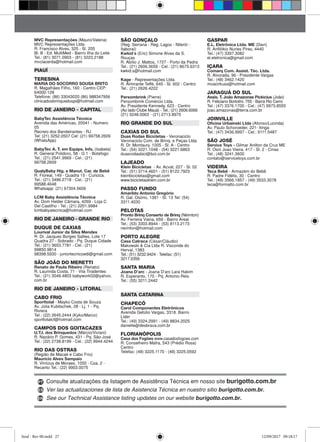 GASPAR
E.L. Eletrônica Ltda. ME (Davi)
R. Anfilókio Nunes Pires, 4440
Tel.: (47) 3397.3082
el.eletronica@gmail.com
IÇARA
Comarq Com. Assist. Téc. Ltda.
R. Alvorada, 96 - Presidente Vargas
Tel.: (48) 3462.1420
moacirkuss@hotmail.com
JARAGUÁ DO SUL
Assis. T. João Amazonas Pickicius (João)
R. Feliciano Bortolini, 755 - Barra Rio Cerro
Tel.: (47) 3376.1700 - Cel.: (47) 9973.8555
joao.amazonas@terra.com.br
JOINVILLE
Oficina Urbainski Ltda (Afonso/Lucinda)
Av. Paulo Schoroeder, 221- Itinga
Tel.: (47) 3436.9997 - Cel.: 9111.5487
SÃO JOSÉ
Service Toys - Gilmar Anilton da Cruz ME
R. Osni Joao Vieira, 417 - Sl. 2 - Cinas
Tel.: (48) 3241.3600
contato@servicetoys.com.br
VIDEIRA
Teca Bebê - Armazém do Bebê
R. Padre Fidélis, 30 - Centro
Tel.: (49) 3566.1857 - (49) 3533.3078
teca@formatto.com.br
SÃO GONÇALO
(Reg. Serrana - Reg. Lagos - Niterói -
Itaboraí)
Kwkid´s (Eric) Simone Alves da S.
Rouças
R. Abílio J. Mattos, 1727 - Porto da Pedra
Tel.: (21) 2606.3659 - Cel.: (21) 8675.6313
kwkid.s@hotmail.com
Kage - Representações Ltda.
R. Almirante Teffé, 645 - Sl. 602 - Centro
Tel.: (21) 2626.4222
Persombrink (Pierre)
Persombrink Comércio Ltda.
Av. Presidente Kennedy, 623 - Centro
(Ao lado Clube Mauá) - Tel.: (21) 2606.6066
(21) 3248.0063 - (21) 2713.8970
RIO GRANDE DO SUL
CAXIAS DO SUL
Duas Rodas Bicicletas - Veronaciclo
Veronaciclo Com. de Brinq. e Peças Ltda
R. Dr. Montaury, 1005 - Sl. A - Centro
Tel.: (54) 3221.1048 - (54) 3221.6863
duasrodasbici@bol.com.br
LAJEADO
Klein Bicicletas - Av. Acvat, 227 - Sl. 02
Tel.: (51) 3714.4601 - (51) 8122.7923
kleinbicicletas@gmail.com
www.bicicletasklein.com.br
PASSO FUNDO
Amarildo Antonio Gregório
R. Gal. Osório, 1381 - Sl. 13 Tel: (54)
3311.4030
PELOTAS
Pronto Brinq Conserto de Brinq (Nérinton)
Av. Ferreira Viana, 659 - Bairro Areal
Tel.: (53) 3303.8944 - (53) 8113.2173
nerinton@hotmail.com
PORTO ALEGRE
Casa Catraca (César/Cláudio)
Makowski & Cia Ltda R. Visconde do
Herval, 1383
Tel.: (51) 3232.9424 - Telefax: (51)
3217.0359
SANTA MARIA
Joana D’arc - Joana D’arc Lara Hakim
R. Esperanto, 170 - Pq. Antonio Reis
Tel.: (55) 3211.2442
SANTA CATARINA
CHAPECÓ
Carol Componentes Eletrônicos
Avenida Getúlio Vargas, 3318. Bairro
Lider
Tel.: (49) 3324.2991 - (49) 8834.2025
danielle@desbrava.com.br
FLORIANÓPOLIS
Casa dos Fogões www.casadosfogoes.com
R. Conselheiro Mafra, 543 (Prédio Rosa)
Centro
Telefax: (48) 3225.1170 - (48) 3225.0592
MVC Representações (Mauro/Valeria)
MVC Representações Ltda.
R. Francisco Alves, 325 - Sl. 205
Bl. B - Ed. MultiMed - Bairro Ilha do Leite
Tel.: (81) 3071.0903 - (81) 3223.2188
mvclacerda@hotmail.com
PIAUÍ
TERESINA
MARIA DO SOCORRO SOUSA BRITO
R. Magalhães Filho, 160 - Centro CEP:
64000-128
Telefone: (86) 33043020 (86) 988347956
clinicadosbrinquedospi@hotmail.com
RIO DE JANEIRO - CAPITAL
BabyTec Assistência Técnica
Avenida das Américas, 20041 - Numero
05
Recreio dos Bandeirantes - RJ
Tel: (21) 3252.0507 Cel: (21) 99758.2609
(WhatsApp)
BabyTec A. T. em Equips. Infs. (Isabela)
R. General Polidoro, 58 - G 1 - Botafogo
Tel.: (21) 2541.9969 - Cel.: (21)
99758.2609
QualyBaby Hig. e Manut. Car. de Bebê
R. Floreal, 149 - Quadra 15 - Curicica.
Tel.: (21) 3496.2718 - Cel.: (21)
99588.4648
Whatsapp: (21) 97304.5606
LCM Baby Assistência Técnica
Av. Dom Helder Câmara, 4269 - Loja C
Del Castilho - Tel.: (21) 2201.9984
lcmbabyatecnica@hotmail.com
RIO DE JANEIRO - GRANDE RIO
DUQUE DE CAXIAS
Lourival Junior da Silva Mendes
R. Dr. Jacques Borges Sallies, Lote 17
Quadra 27 - Sobrado - Pq. Duque Cidade
Tel.: (21) 3653.7781 - Cel.: (21)
99850.9814
98398.5930 - juniortecnicoedi@gmail.com
SÃO JOÃO DO MERETTI
Renato de Paula Ribeiro (Renato)
R. Laurinda Costa, 71 - Vila Tiradentes
Tel.: (21) 3049.4803 babywork02@yahoo.
com.br
RIO DE JANEIRO - LITORAL
CABO FRIO
Sporttotal - Mayko Costa de Souza
Av. Júlia Kubitschek, 28 - Lj. 1 - Pq.
Riviera
Tel.: (22) 2645.2444 (Kyko/Marco)
sporttotalcf@hotmail.com
CAMPOS DOS GOITACAZES
U.T.I. dos Brinquedos (Márcio/Viviani)
R. Nazário P. Gomes, 431 - Pq. São José
Tel.: (22) 2738.8199 - Cel.: (22) 9944.4244
RIO DAS OSTRAS
(Região de Macaé e Cabo Frio)
Maurício Alves Sampaio
R. Vinícius de Moraes, 1050 - Csa. 2 -
Recanto Tel.: (22) 9903.0075
Consulte atualizações da listagem de Assistência Técnica em nosso site burigotto.com.br
Ver las actualizaciones de lista de Asistencia Técnica en nuestro sitio burigotto.com.br.
See our Technical Assistance listing updates on our website burigotto.com.br.
PT
ES
EN
Soul - Rev 00.indd 27 12/09/2017 09:18:17
 