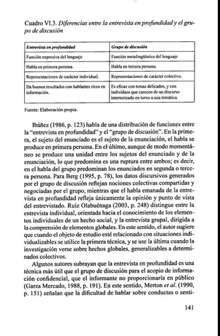 Cuadro V1.3. Diferencias entre la entrevista en profundidad y el gru-
po de discusión
Entrevista en profundidad Grupo de discusión
Función expresiva del lenguaje Función metalingüística del lenguaje
Habla en primera persona. Habla en tercera persona.
Representaciones de carácter individual. Representaciones de carácter colectivo.
Da buenos resultados con hablantes ricos en
información.
Es eficaz con temas delicados, y con
individuos que carecen de un discurso
interiorizado en torno a una temática.
Fuente: Elaboración propia.
Ibáñez (1986, p. 123) habla de una distribución de funciones entre
la "entrevista en profundidad" y el "grupo de discusión". En la prime-
ra, el sujeto del enunciado es el sujeto de la enunciación, el habla se
produce en primera persona. En el último, aunque de modo momentá-
neo se produce una unidad entre los sujetos del enunciado y de la
enunciación, lo que predomina es una ruptura entre ambos; es decir,
en el habla del grupo predominan los enunciados en segunda o terce-
ra persona. Para Berg (1995, p. 78), los datos discursivos generados
por el grupo de discusión reflejan nociones colectivas compartidas y
negociadas por el grupo, mientras que el habla emanada de la entre-
vista en profundidad refleja únicamente la opinión y punto de vista
del entrevistado. Ruiz Olabuénaga (2003, p. 248) distingue entre la
entrevista individual, orientada hacia el conocimiento de los elemen-
tos individuales de un hecho social, y la entrevista grupal, dirigida a
la comprensión de elementos globales. En este sentido, el autor sugiere
que cuando el objeto de estudio esté relacionado con situaciones indi-
vidualizables se utilice la primera técnica, y se use la última cuando la
investigación verse sobre hechos globales, generalizables a determi-
nados colectivos.
Algunos autores subrayan que la entrevista en profundidad es una
técnica más útil que el grupo de discusión para el acopio de informa-
ción confidencial, que el informante no proporcionaría en público
(Garza Mercado, 1988, p. 191). En este sentido, Merton et al. (1990,
p. 151) señalan que la dificultad de hablar sobre conductas o senti-
141
 