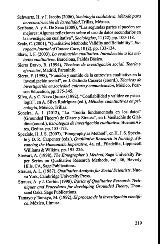 Schwartz, H. y J. Jacobs (2006), Sociología cualitativa. Método para
la reconstrucción de la realidad,Trillas, México.
Scribano, A. y A. De Sena (2009), "Las segundas partes sí pueden ser
mejores: Algunas reflexiones sobre el uso de datos secundarios en
la investigación cualitativa", Sociologías, 11 (22), pp. 100-118.
Seale, C. (2001), "Qualitative Methods: Validity and Reliability", Eu-
ropean Journal of Cancer Care, 10(2), pp. 133-134.
Show, I. F. (2003), La evaluación cualitativa. Introducción a los mé-
todos cualitativos, Barcelona, Paidós Básica.
Sierra Bravo, R. (1994), Técnicas de investigación social. Teoría y
ejercicios,Madrid, Paraninfo.
Sierra, F. (1998), "Función y sentido de la entrevista cualitativa en la
investigación social", en J. Galindo Cáceres (coord.), Técnicas de
investigación en sociedad, cultura y comunicación, México, Pear-
son Education, pp. 275-345.
Silva, A. y C. Nava Quiroz (1992), "Confiabilidad y validez en psico-
logía", en A. Silva Rodríguez (ed.), Métodos cuantitativos en psi-
cología, México, Trillas.
Soneira, A. J. (2012), "La "Teoría fundamentada en los datos"
(Grounded Theory) de Glaser y Strauss", en I. Vasilachis de Gial-
dino (coord.), Estrategias de investigación cualitativa,Buenos Ai-
res, Gedisa, pp. 153-173.
Speziale, H. J. S. (2007), "Etnography as Method", en H. J. S. Spezia-
le y D. R. Carpenter (eds.), Qualitative Research in Nursing. Ad-
vancing the Humanistic Imperative, 4a. ed., Filadelfia, Lippincott
Williams & Wilkins, pp. 195-226.
Stewart, A. (1998), The Etnographer 's Method, Sage University Pa-
per Series on Qualitative Research Methods, vol. 46, Beverly
Hills, CA, Sage Publications.
Strauss, A. L. (1987), Qualitative Analysis for Social Scientists, Nue-
va York, Cambridge University Press.
Strauss, A. y J. Corbin (1998), Basics of Qualitative Research. Tech-
niques and Procedures for developing Grounded Theory, Thou-
sand Oaks, Sage Publications.
Tamayo y Tamayo, M. (1992), El proceso de la investigación científi-
ca,México, Limusa.
219
 