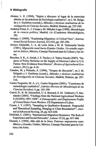 8. Bibliografía
Alonso, L. E. (1994), "Sujeto y discurso: el lugar de la entrevista
abierta en las prácticas de Sociología cualitativa", en J. M. Delga-
do y J. Gutiérrez (coords.), Métodos y técnicas cualitativas de in-
vestigación en Ciencias Sociales,Madrid, Síntesis, pp. 225-240.
Anduiza Perea, E., I. Crespo y M. Méndez Lago (1999), Metodología
de la ciencia política, Madrid, cis (Cuadernos Metodológicos,
28).
Arango, J. (2000), "Explaining Migration: A Critical View", Interna-
tional Social Science Journal,52 (165), pp. 283-296.
Arroyo Alejandre, J., A. de León Arias y M. B. Valenzuela Varela
(1991), Migración rural hacia Estados Unidos. Un estudio regio-
nal en Jalisco, México, Consejo Nacional para la Cultura y las Ar-
tes.
Boucher, S. R., A. Smith, J. E. Taylor y A. Yufiez-Naude (2007), "Im-
pacts of Policy Reforms on the Supply of Mexican Labor to U.S.
Farms: New Evidence from Mexico", Review ofAgricultural Eco-
nomics,29 (1), pp. 4-16.
Canales, M. y Peinado, A. (1994), "Grupos de discusión", en J. M.
Delgado y J. Gutiérrez (coord.), Métodos y técnicas cualitativas
de investigación en Ciencias Sociales, Madrid, Síntesis, pp. 287-
316.
Castro Nogueira, M. A. y L. Castro Nogueira (2001), "Cuestiones de
metodología cualitativa", EMPIRIA (Revista de Metodología de las
Ciencias Sociales),4, pp. 165-190
Carrol, D., R. M. Samardick, U. S. Bernard, S. M. Gabbard y T. Her-
nández (2005), "Findings from the National Agricultural Workers
S (NAWS) 1997-1998". A Demographic and Employment Profile
of United States Farm Workers.US Department of Labor.
Coyne, I. T. (1997), "Sampling in Qualitative Research. Purposeful
and Theoretical Sampling, Merging or Clear Boundaries?", Jour-
nal ofAdvanced Nursing,26, pp. 623-630.
Deléchat, C. (2001), "International Migration Dynamics: The Role of
Experience and Social Networks", Labour15 (3), pp. 457-486
Durand, J. (1994), Más allá de la línea. Patrones migratorios entre
México y Estados Unidos, México, Consejo Nacional para la Cul-
tura y las Artes.
236
 