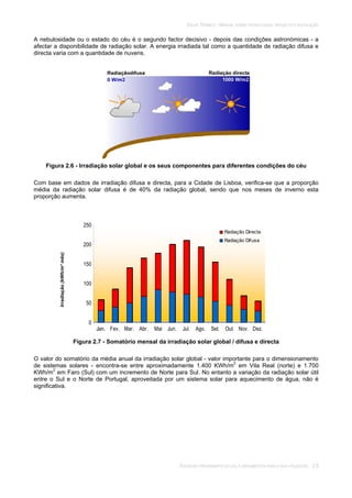SOLAR TÉRMICO - MANUAL SOBRE TECNOLOGIAS, PROJECTO E INSTALAÇÃO
RADIAÇÃO PROVENIENTE DO SOL E ARGUMENTOS PARA A SUA UTILIZAÇÃO 2.5
A nebulosidade ou o estado do céu é o segundo factor decisivo - depois das condições astronómicas - a
afectar a disponibilidade de radiação solar. A energia irradiada tal como a quantidade de radiação difusa e
directa varia com a quantidade de nuvens.
Figura 2.6 - Irradiação solar global e os seus componentes para diferentes condições do céu
Com base em dados de irradiação difusa e directa, para a Cidade de Lisboa, verifica-se que a proporção
média da radiação solar difusa é de 40% da radiação global, sendo que nos meses de inverno esta
proporção aumenta.
0
50
100
150
200
250
Jan. Fev. Mar. Abr. Mai Jun. Jul. Ago. Set. Out. Nov. Dez.
Radiação Directa
Radiação Difusa
Figura 2.7 - Somatório mensal da irradiação solar global / difusa e directa
O valor do somatório da média anual da irradiação solar global - valor importante para o dimensionamento
de sistemas solares - encontra-se entre aproximadamente 1.400 KWh/m2
em Vila Real (norte) e 1.700
KWh/m2
em Faro (Sul) com um incremento de Norte para Sul. No entanto a variação da radiação solar útil
entre o Sul e o Norte de Portugal, aproveitada por um sistema solar para aquecimento de água, não é
significativa.
Irradiação(kWh/m²mês)
 