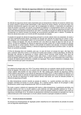 SOLAR TÉRMICO - MANUAL SOBRE TECNOLOGIAS, PROJECTO E INSTALAÇÃO
SISTEMAS DE LARGA ESCALA 6.22
Tabela 6.4 - Válvulas de segurança (diâmetro de entrada) para campos colectores
Tamanho da válvula (diâmetro de entrada) Área de superfície do colector (m2)
15 50
20 100
25 200
32 350
40 600
As válvulas de segurança devem estar preparadas para as temperaturas máximas do ramal do colector e/ou
do campo colector e devem poder descarregar o calor máximo do campo colector, em forma de vapor. Em
sistemas inerentemente seguros (nos quais, até na estagnação do sistema, o reservatório de expansão é
capaz de receber o aumento, em volume, do conteúdo do sistema e o correspondente volume, em vapor, no
campo colector) a descarga é também permitida no estado líquido, na válvula de segurança principal. Esta
deve estar dimensionada para temperaturas até 120ºC. A pressão de reacção da válvula de segurança deve
corresponder ao máximo excesso de pressão de funcionamento permitido para o colector. A pressão de
fecho da válvula deve estar a um mínimo de 90% da pressão de reacção.
A pressão de reacção da válvula de segurança principal no circuito colector deve ser projectada, de modo a
que fique significativamente abaixo da pressão de reacção das válvulas de segurança do campo (1 bar).
Isto assegura uma monitorização melhor do funcionamento do sistema (o excesso médio escapa primeiro
para o espaço de ligação). No caso de sistemas com uma altura de carga de água de mais do que 10
metros, no local de instalação da válvula de segurança principal, podem ter a mesma pressão de reacção
que as válvulas no campo colector. Devido a uma pressão do sistema mais elevada, no local da instalação
(pressão do campo + pressão estática), a válvula de segurança principal será a primeira a abrir, no caso de
haver um aumento de pressão.
A linha de descarga deve ser instalada, para que, no caso de haver um escape de vapor, não haja risco
para o pessoal. Esta linha conduz a um tanque de recolha para receber a mistura glicol/água. As linhas de
descarga das válvulas de segurança no campo colector devem terminar neste tanque. Este deve ser
resistente à temperatura e deve conseguir conter, pelo menos, o volume líquido (= conteúdo do colector +
linhas de ligação) deslocado pelo vapor no campo colector. Se possível, uma capacidade para conter todo o
conteúdo do sistema para enchimento e trabalho de reparação. Para encher novamente a instalação, deve
existir uma bomba que opere manualmente.
Exemplo:
Um sistema de energia solar com 100 m2
de campo colector tem um conteúdo colector de 60 l (incluindo as
linhas de ligação). De acordo com um projecto para um sistema de caldeira a vapor até 50 l de volume, o
campo colector está dividido em dois campos de 30l. São usadas duas válvulas de segurança (225ºC)
macho esférico para fechar e uma válvula de segurança principal (120ºC). A altura estática do sistema é 10
m, de modo que todas as válvulas de segurança podem ser projectadas para uma pressão de reacção de 6
bar (as válvulas de segurança no campo colector abrirão mais tarde, por causa da elevada pressão na
válvula de segurança principal).
As altas temperaturas ocorrem durante as pausas do sistema, i.e., quando acontece uma falha ou uma
paragem voluntária da bomba no circuito colector. Se o sistema reinicia, depois de tal paragem a altas
temperaturas, podem surgir temperaturas até 130ºC no circuito colector.
De modo a operar o sistema em segurança até mesmo a altas temperaturas, é geralmente permitida uma
pressão máxima de 6 bar no circuito colector e para sistemas com altas pressões estáticas de 10 bar. A
pressão de operação é usualmente de 0,5 a 0,8 bar, acima da pressão estática do sistema, para evitar em
segurança a penetração do ar. No âmbito do planeamento individual uma pressão de operação de 4 bar foi
seleccionada para evitar evaporação no circuito colector durante a operação completa do sistema.
6.5.3 Circuito do tanque de regulação
Os tanques de armazenamento de regulação podem classificar-se em reservatórios de pressão de acordo
com as seguintes especificações:
 