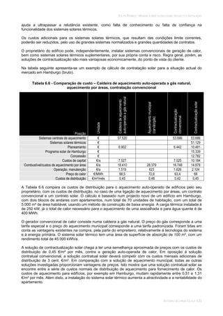 SOLAR TÉRMICO - MANUAL SOBRE TECNOLOGIAS, PROJECTO E INSTALAÇÃO
SISTEMAS DE LARGA ESCALA 6.25
ajuda a ultrapassar a relutância existente, como falta de conhecimento ou falta de confiança na
funcionalidade dos sistemas solares térmicos.
Os custos adicionais para os sistemas solares térmicos, que resultam das condições limite correntes,
poderão ser reduzidos, pelo uso de grandes sistemas normalizados e grandes quantidades de contratos.
O proprietário do edifício pode, independentemente, instalar sistemas convencionais de geração de calor,
bem como sistemas solares térmicos suplementares, por sua própria conta e risco. Regra geral, porém, as
soluções de contractualização são mais vantajosas economicamente, do ponto de vista do cliente.
Na tabela seguinte apresenta-se um exemplo de cálculo de contratação solar para a situação actual do
mercado em Hamburgo (bruto).
Tabela 6.6 - Comparação de custo – Caldeira de aquecimento auto-operada a gás natural,
aquecimento por áreas, contratação convencional
Posição
Unidade
Caldeiradeaquecimento
auto-operadaagásnatural
Aquecimentomunicipal
(carvão/gás)
Contractualização
convencional
Contractualizaçãosolar
Sistemas centrais de aquecimento € 57.520 53.686 53.686
Sistemas solares térmicos € 51.129
Planeamento € 6.902 6.442 10.481
Programa solar de Hamburgo € 15.339
Concessão € 12.782
Custos de capital €/a 7.527 7.025 10.184
Combustível/custos de aquecimento por área €/a 18.410 28.379 16.748 14.878
Operação, manutenção €/a 1.519 623 1.626 2.124
Preço do calor €/MWh 68,5 72,6 63,4 68
Custos de distribuição €/m²/mês 0,45 0,48 0,42 0,45
A Tabela 6.6 compara os custos de distribuição para o aquecimento auto-operado de edifícios pelo seu
proprietário, com os custos de distribuição, no caso de uma ligação de aquecimento por áreas, um contrato
convencional e um contrato solar. O cálculo é baseado num projecto novo de um edifício em Hamburgo,
com dois blocos de andares com apartamentos, num total de 70 unidades de habitação, com um total de
5.000 m² de área habitável, usando um método de construção de baixa energia. A carga térmica instalada é
de 250 kW, já o total de calor necessário para o aquecimento de uma assoalhada e para água quente é de
400 MWh.
O gerador convencional de calor consiste numa caldeira a gás natural. O preço do gás corresponde a uma
tarifa especial e o preço do aquecimento municipal corresponde a uma tarifa padronizada. Foram tidas em
conta as vantagens existentes na compra, pela parte do empreiteiro, relativamente à tecnologia do sistema
e à energia primária. O sistema solar térmico tem uma área de superfície de absorção de 100 m², com um
rendimento total de 45.000 kWh/a.
A solução de contractualização solar chega a ter uma semelhança aproximada de preços com os custos de
distribuição de 0,45 €/m² por mês, contra a geração auto-operada de calor. Em oposição à solução
contratual convencional, a solução contratual solar deverá competir com os custos mensais adicionais de
distribuição de 3 cent. €/m². Em comparação com a solução de aquecimento municipal, todas as outras
soluções investigadas proporcionam vantagens de preços. Isto mostra que uma solução contratual solar se
encontre entre a série de custos normais de distribuição de aquecimento para fornecimento de calor. Os
custos de aquecimento para edifícios, por exemplo em Hamburgo, mudam rapidamente entre 0,51 e 1,31
€/m² por mês. Além disto, a instalação do sistema solar térmico aumenta a atractividade e a rentabilidade do
apartamento.
 
