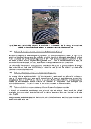 SOLAR TÉRMICO - MANUAL SOBRE TECNOLOGIAS, PROJECTO E INSTALAÇÃO
SISTEMAS DE LARGA ESCALA 6.27
Figura 6.18 - Este sistema com uma área de superfície do colector de 3,000 m², em Ry, na Dinamarca,
fornece os imóveis ao fundo através de uma rede de aquecimento municipal
6.7.1 Sistemas de energia solar com armazenamento de calor a curto-prazo
No caso dos sistemas de aquecimento solar municipal com armazenamento a curto-prazo, é integrado na
rede um tanque de armazenamento de regulação, com diversos metros cúbicos de capacidade. O projecto
destes sistemas é feito com base na fracção solar de 80 – 100% da necessidade de aquecimento de água
nos meses de Verão. Isto dá um grau de fracção solar de 40 a 50% da necessidade anual de água, i.e.
cerca de 20% da necessidade total, para aquecimento de espaços e produção de água quente.
Em comparação com sistemas locais pequenos em edifícios individuais, os grandes sistemas de energia
solar, que fornecem calor para uma distribuição central de calor, podem ser instalados por menos de
metade dos custos de investimento:
6.7.2 Sistemas solares com armazenamento de calor a longo-prazo
Um sistema solar de aquecimento local, com armazenamento a longo-prazo, pode fornecer imóveis com
mais de 100 apartamentos, com água quente e aquecimento do espaços. A decalagem de tempo entre a
radiação solar disponível no Verão e o máximo de aquecimento necessário no Inverno é compensada pelo
sistema de armazenamento térmico sazonal. Os sistemas de aquecimento solar municipais com
armazenamento térmico a longo-prazo ainda se encontram numa fase de desenvolvimento.
6.7.3 Valores orientadores para o projecto de sistemas de aquecimento solar municipal
O projecto de sistemas de aquecimento solar municipal deve ser levado a cabo através de cálculos
detalhados, tendo em conta o tamanho do imóvel, padrões de isolamento térmico e o grau de fracção solar
a ser atingido.
A seguinte tabela apresenta os valores orientadores para o dimensionamento aproximado de um sistema de
aquecimento solar deste tipo.
 