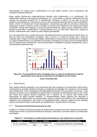 SOLAR TÉRMICO - MANUAL SOBRE TECNOLOGIAS, PROJECTO E INSTALAÇÃO
ARREFECIMENTO SOLAR 9.2
oportunidades nos países onde o arrefecimento é já uma prática corrente, como consequência das
condições climáticas existentes.
Neste capítulo efectuar-se-á sistematicamente distinção entre arrefecimento e ar condicionado. Por
arrefecimento refere-se uma redução da temperatura, p.e., numa divisão, ou mesmo a temperatura de uma
máquina num processo industrial. Por ar condicionado, entende-se o “estado” de uma sala no que diz
respeito à sua temperatura e humidade, por forma a que as pessoas presentes nela se sintam confortáveis.
Assim, o termo “ar condicionado” é mais abrangente e compreende, para além do aumento ou descida da
temperatura, durante o Inverno e Verão, a redução ou aumento da humidade do ar da divisão para valores
confortáveis. Apesar desta distinção, é usual, nos meios profissionais, utilizar o termo “arrefecimento solar”
quando se quer referir o arrefecimento e condicionamento do ar, por meio solar. Desta forma, quando se
escreve “arrefecimento solar” refere-se a esta categoria generalizada.
Um outro argumento para o arrefecimento solar, diametralmente oposto ao aquecimento ambiente solar, é o
facto de existir uma coincidência cronológica, entre a procura e a oferta de energia, sob a forma de
irradiação solar. A figura 9.2 ilustra esta relação, evidenciando a correspondência sazonal entre a irradiação
e a carga de arrefecimento a ser dissipada numa divisão. Constata-se que existe uma boa correspondência
com os requisitos para arrefecimento, sendo desnecessária a instalação de grandes equipamentos, para o
armazenamento sazonal de calor.
Figura 9.2 - Correspondência entre a irradiação solar e a carga de arrefecimento /carga de
aquecimento numa sala de um seminário em Perpignan (sul de França)
Fonte: Fraunhofer ISE
9.1 Bases teóricas
Este capítulo pretende apresentar uma panorâmica geral dos processos de arrefecimento solar térmico,
evidenciando os principais desafios associados à integração da instalação dos colectores e da tecnologia
para arrefecimento. Como consequência das dificuldades associadas, tem-se assistido, na Europa, a uma
escassez de técnicos com capacidades de planeamento de sistemas de arrefecimento solar de raiz, sendo
esta tarefa mais exigente quando comparada com o desenho de um sistema solar térmico para
aquecimento de águas quentes sanitárias. O dimensionamento destes sistemas tem associada a
necessidade de conhecimentos em diversas áreas, desde os sistemas dos edifícios, até à tecnologia dos
colectores para arrefecimento. Para além da complexidade destes sistemas, existem poucos exemplos
práticos com esta tecnologia, evidenciando-se a existência de 1 projecto piloto em Portugal.
9.1.1 Processos de arrefecimento accionados por calor
A tabela 9.1 sintetiza os diversos processos de arrefecimento accionados por calor, disponíveis no mercado,
distinguindo-se entre os processos fechados de absorção e adsorsão e o processo aberto de arrefecimento
por secagem.
Tabela 9.1 - Tecnologias de arrefecimento accionados por calor disponíveis no mercado
Processo Absorção Adsorsão Sistema de arrefecimento por secagem
Tipo de ar condicionado
Arrefecimento de
água
Arrefecimento de
água
Ar condicionado (arrefecimento, desumidificação)
 