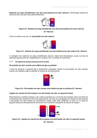 SOLAR TÉRMICO - MANUAL SOBRE TECNOLOGIAS, PROJECTO E INSTALAÇÃO
SISTEMAS PARA HABITAÇÕES PARA UMA OU DUAS FAMÍLIAS 4.3
Sistemas de carga estratificados com dois permutadores de calor internos e alimentação através da
válvula de três vias para duas alturas diferentes.
Figura 4.6 - Sistema de carga estratificado com dois permutadores de calor internos
(S = Sensor)
Como no anterior mas com um permutador de calor externo.
Figura 4.7 - Sistema de carga estratificado com permutadores de calor externo (S = Sensor)
A vantagem dos sistemas de carga estratificados (alcance rápido das temperaturas usuais na área de
stand-by) apenas pode ser rentabilizada em conjunto com o conceito de “baixo-fluxo”.
4.1.2 Carregamento através de aquecimento auxiliar
Permutador de calor usando uma caldeira de gás ou petróleo
A área de stand-by é aquecida até à temperatura necessária através do permutador de calor superior
usando uma caldeira a gás ou petróleo no tanque de armazenamento.
Figura 4.8 - Permutador de calor usando uma caldeira de gás ou petróleo (S = Sensor)
Ligação em cascata de dois tanques com permutador de calor no segundo tanque
Recentemente a madeira começou a ser usada novamente (p.e. em forma de briquetes) como uma fonte de
combustível (sem emissão de CO2) para aquecimento. No caso de uma ligação em cascata de dois tanques
o permutador de calor através de aquecimento auxiliar pode estar localizado no topo ou na base do
segundo tanque de armazenamento de acordo com o tamanho necessário do volume em espera.
Figura 4.9 - Ligação em cascata de dois tanques com permutador de calor no segundo tanque
(S = Sensor)
 