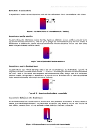 SOLAR TÉRMICO - MANUAL SOBRE TECNOLOGIAS, PROJECTO E INSTALAÇÃO
SISTEMAS PARA HABITAÇÕES PARA UMA OU DUAS FAMÍLIAS 4.4
Permutador de calor externo
O aquecimento auxiliar da área de stand-by pode ser efectuado através de um permutador de calor externo.
Figura 4.10 - Permutador de calor externo (S = Sensor)
Aquecimento auxiliar eléctrico
Aquecimento auxiliar eléctrico da área de stand-by. A potência eléctrica é apenas aceitável para usar como
aquecedor em casos excepcionais, uma vez que a geração de electricidade envolve elevadas perdas. A
electricidade é gerada numa central eléctrica convencional com uma eficiência baixa e para além disso
existe uma perda na rede de fornecimento.
Figura 4.11 - Aquecimento auxiliar eléctrico
Aquecimento através de esquentador
Aquecimento da água retirada do tanque através de um esquentador (gás ou electricidade) a jusante. O
dispositivo deve ser controlado termicamente, i.e. aquecido o suficiente para se obter uma temperatura fixa
de saída. Todos os tanques de armazenamento são dimensionados para a energia solar e as perdas são
menores quando comparadas com aquecimento no topo do tanque. No entanto tem os mesmos problemas
que o aquecimento auxiliar eléctrico em termos de eficiência.
Figura 4.12 - Aquecimento através de esquentador
Aquecimento do topo via tubo de admissão
Aquecimento do topo via tubo de admissão do tanque de armazenamento de regulação. A bomba carrega o
tanque de armazenamento extraindo a água para ser aquecida a meia altura do tanque. Esta é aquecida
pela caldeira e através de um tubo de admissão no topo está disponível para a utilização.
Figura 4.13 - Aquecimento do topo via tubo de admissão
 