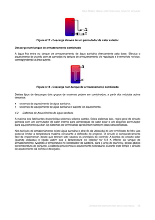 SOLAR TÉRMICO - MANUAL SOBRE TECNOLOGIAS, PROJECTO E INSTALAÇÃO
SISTEMAS PARA HABITAÇÕES PARA UMA OU DUAS FAMÍLIAS 4.6
Figura 4.17 - Descarga através de um permutador de calor exterior
Descarga num tanque de armazenamento combinado
A água fria entra no tanque de armazenamento de água sanitária directamente pela base. Efectua o
aquecimento de acordo com as camadas no tanque de armazenamento de regulação e é removido no topo,
correspondendo à área quente.
Figura 4.18 - Descarga num tanque de armazenamento combinado
Destes tipos de descargas dois grupos de sistemas podem ser combinados, a partir dos módulos acima
descritos:
sistemas de aquecimento de água sanitária;
sistemas de aquecimento de água sanitária e suporte de aquecimento.
4.2 Sistemas de Aquecimento de água sanitária
A maioria dos fabricantes disponibiliza sistemas solares padrão. Estes sistemas são, regra geral de circuito
gémeos com um permutador de calor interno para alimentação de calor solar e um segundo permutador
para aquecimento auxiliar. Os sistemas de termossifão apresentam também estas características.
Nos tanques de armazenamento existe água sanitária e através da utilização de um termóstato de três vias
pode-se limitar a temperatura máxima consoante a definição de projecto. O circuito é comparativamente
fácil de implementar, desde que tenham sido usados os princípios de controlo: A bomba do circuito solar
(quando utilizada) é ligada assim que a temperatura do colector for 5-8 K inferior ao tanque de
armazenamento. Quando a temperatura no controlador da caldeira, para a área de stand-by, desce abaixo
da temperatura do conjunto, a caldeira providencia o aquecimento necessário. Durante este tempo o circuito
de aquecimento da bomba é desligado.
 