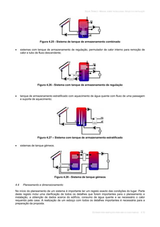 SOLAR TÉRMICO - MANUAL SOBRE TECNOLOGIAS, PROJECTO E INSTALAÇÃO
SISTEMAS PARA HABITAÇÕES PARA UMA OU DUAS FAMÍLIAS 4.10
Figura 4.25 - Sistema de tanque de armazenamento combinado
sistemas com tanque de armazenamento de regulação, permutador de calor interno para remoção de
calor e tubo de fluxo descendente;
Figura 4.26 - Sistema com tanque de armazenamento de regulação
tanque de armazenamento estratificado com aquecimento de água quente com fluxo de uma passagem
e suporte de aquecimento;
Figura 4.27 – Sistema com tanque de armazenamento estratificado
sistemas de tanque gémeos.
Figura 4.28 - Sistema de tanque gémeos
4.4 Planeamento e dimensionamento
No início do planeamento de um sistema é importante ter um registo exacto das condições do lugar. Parte
deste registo inclui uma clarificação de todos os detalhes que forem importantes para o planeamento e
instalação, a obtenção de dados acerca do edifício, consumo de água quente e se necessário o calor
requerido pela casa. A realização de um esboço com todos os detalhes importantes é necessária para a
preparação da proposta.
 