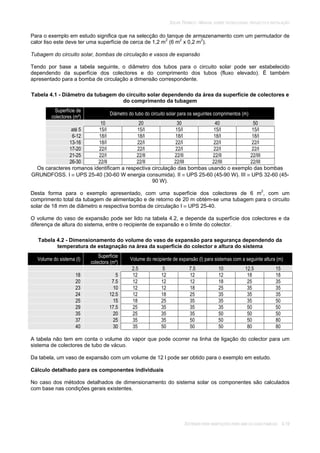 SOLAR TÉRMICO - MANUAL SOBRE TECNOLOGIAS, PROJECTO E INSTALAÇÃO
SISTEMAS PARA HABITAÇÕES PARA UMA OU DUAS FAMÍLIAS 4.19
Para o exemplo em estudo significa que na selecção do tanque de armazenamento com um permutador de
calor liso este deve ter uma superfície de cerca de 1,2 m2
(6 m2
x 0,2 m2
).
Tubagem do circuito solar, bombas de circulação e vasos de expansão
Tendo por base a tabela seguinte, o diâmetro dos tubos para o circuito solar pode ser estabelecido
dependendo da superfície dos colectores e do comprimento dos tubos (fluxo elevado). É também
apresentado para a bomba de circulação a dimensão correspondente.
Tabela 4.1 - Diâmetro da tubagem do circuito solar dependendo da área da superfície de colectores e
do comprimento da tubagem
Superfície de
colectores (m²)
Diâmetro do tubo do circuito solar para os seguintes comprimentos (m)
10 20 30 40 50
até 5 15/I 15/I 15/I 15/I 15/I
6-12 18/I 18/I 18/I 18/I 18/I
13-16 18/I 22/I 22/I 22/I 22/I
17-20 22/I 22/I 22/I 22/I 22/I
21-25 22/I 22/II 22/II 22/II 22/III
26-30 22/II 22/II 22/III 22/III 22/III
Os caracteres romanos identificam a respectiva circulação das bombas usando o exemplo das bombas
GRUNDFOSS. I UPS 25-40 (30-60 W energia consumida). II UPS 25-60 (45-90 W). III UPS 32-60 (45-
90 W).
Desta forma para o exemplo apresentado, com uma superfície dos colectores de 6 m2
, com um
comprimento total da tubagem de alimentação e de retorno de 20 m obtém-se uma tubagem para o circuito
solar de 18 mm de diâmetro e respectiva bomba de circulação I UPS 25-40.
O volume do vaso de expansão pode ser lido na tabela 4.2, e depende da superfície dos colectores e da
diferença de altura do sistema, entre o recipiente de expansão e o limite do colector.
Tabela 4.2 - Dimensionamento do volume do vaso de expansão para segurança dependendo da
temperatura de estagnação na área da superfície do colector e altura do sistema
Volume do sistema (I)
Superfície
colectora (m²)
Volume do recipiente de expansão (l) para sistemas com a seguinte altura (m)
2.5 5 7.5 10 12.5 15
18 5 12 12 12 12 18 18
20 7.5 12 12 12 18 25 35
23 10 12 12 18 25 35 35
24 12.5 12 18 25 35 35 35
25 15 18 25 35 35 35 50
29 17.5 25 35 35 35 50 50
35 20 25 35 35 50 50 50
37 25 35 35 50 50 50 80
40 30 35 50 50 50 80 80
A tabela não tem em conta o volume do vapor que pode ocorrer na linha de ligação do colector para um
sistema de colectores de tubo de vácuo.
Da tabela, um vaso de expansão com um volume de 12 l pode ser obtido para o exemplo em estudo.
Cálculo detalhado para os componentes individuais
No caso dos métodos detalhados de dimensionamento do sistema solar os componentes são calculados
com base nas condições gerais existentes.
 