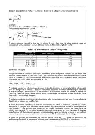 SOLAR TÉRMICO - MANUAL SOBRE TECNOLOGIAS, PROJECTO E INSTALAÇÃO
SISTEMAS PARA HABITAÇÕES PARA UMA OU DUAS FAMÍLIAS 4.21
Caso de Estudo: Cálculo do fluxo volumétrico e da secção da tubagem num circuito solar (cont.)
v
m
D
4
Exemplo:
caudal volumétrico = 240 l por hora (6 m² x 40 l/m²h);
velocidade do escoamento = 0,7 m/s.
mm
dmh
hdm
mh
ls
D 01,11
25200
240
4
7,0
240
4
3
O diâmetro interno necessário deve ser no mínimo 11 mm. Com base na tabela seguinte, deve ser
seleccionado um tubo de cobre com um diâmetro interno de 13 mm (descrição Cu 15x1).
Tabela 4.3 - Dimensões dos tubos de cobre padrão
Dimensões do tubo
(diâmetro exterior x espessura)
Diâmetro Interno (mm) Conteúdo (litros/m)
Cu 10 x 1 8 0,05
Cu 12 x 1 10 0,079
Cu 15 x 1 DN 12 13 0,133
Cu 18 x 1 DN 15 16 0,201
Cu 22 x 1 DN 20 20 0,314
Cu 28 x 1.5 DN 25 25 0,491
Bombas de circulação
Em geral bombas de circulação tradicionais, com três ou quatro estágios de controlo, são suficientes para
sistemas pequenos (área de colectores 20m2
). Para um dimensionamento detalhado é necessário saber a
perda de pressão ptot total no sistema solar. A perda de pressão total é originada pelas perdas de pressão
no colector, no circuito solar e no permutador de calor.
permutadorcirccoltot pppp
A perda de pressão nos colectores ptot depende do tipo de colectores, do caudal volumétrico seleccionado
e do tipo de ligações ao colector. A perda de pressão dos colectores individuais é fornecida pelo fabricante
e é dependente do caudal volumétrico. Se diversos colectores forem ligados em paralelo a pressão do
campo de colectores corresponde à pressão de um único colector. Se estiverem ligados em série a perda
de pressão é um somatório de todos.
A perda de pressão do circuito solar pcirc é originada pelas perdas de pressão nos tubos ptubo e pela soma
das perdas de pressão nas ligações plig.
A perda de pressão específica por metro de comprimento dos tubos da instalação, depende da secção
transversal da tubagem e da velocidade de escoamento e pode ser definida através da informação dada
pelo fornecedor. Esta definição deve ter também em conta o material da tubagem e a concentração da
mistura de água/glicol. Por outro lado, as perdas de pressão em ligações em curva, peças em T, ligações
aparafusadas, válvulas e acessórios devem ser retiradas das respectivas tabelas, na forma de correcção de
valores de perda de pressão ou podem ser estimadas como 1/3 de todas as perdas da tubagem.
A perda de pressão no permutador de calor do circuito solar ppermutador pode ser encontrada na
documentação existente de acordo com o tipo de permutador de calor e velocidade de escoamento.
 