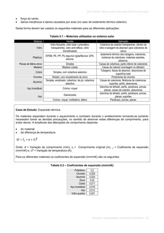 SOLAR TÉRMICO - MANUAL SOBRE TECNOLOGIAS, PROJECTO E INSTALAÇÃO
INSTALAÇÃO, COMISSIONAMENTO, MANUTENÇÃO E REPARAÇÃO 5.5
força do vento;
danos mecânicos e danos causados por aves (no caso de isolamento térmico exterior).
Desta forma devem ser usados os seguintes materiais para as diferentes aplicações:
Tabela 5.1 – Materiais utilizados no sistema solar
Material Versão Aplicação
Vidro
Vidro flutuante, vidro solar ( prismático,
transparente), vidro anti-reflexo, vidro
borosilicatado
Cobertura de colector transparente, cilindro de
vidro e tubagem de absorsor para colectores de
vácuo
Plásticos
EPDM, PE, PP, PU espuma rígida/flexível, GFK,
silicone.
Isolamento térmico das tubagens, colectores,
molduras de colectores, materiais selantes,
adesivos.
Placas de titânio-zinco Simples Caixas de cobertura, parte inferior de colectores
Madeira Madeira colada Caixas de colector (montagem no telhado)
Cobre Simples, com cobertura selectiva
Tubagens, faixas de absorsor, absorsores de
superfície total
Chumbo Rolado, com revestimento de zinco Protectores de chumbo
Alumínio
Simples, anodizado, cobertura de pó, cobertura
selectiva
Caixas de colectores, Molduras de coberturas,
suportes, perfis, absorsores
Aço inoxidável Crómio, níquel
Ganchos de telhado, perfis, parafusos, porcas,
placas, caixas de colector, absorsores
Galvanizado
Ganchos de telhado, perfis, parafusos, porcas,
placas, suportesAço
Crómio, níquel, molibdénio, titânio Parafusos, porcas, placas
Caso de Estudo: Expansão térmica
Os materiais expandem durante o aquecimento e contraem durante o arrefecimento tornando-se portanto
necessário tomar as devidas precauções, no sentido de absorver estas diferenças de comprimento, para
evitar danos. A amplitude das alterações de comprimento depende:
do material;
da diferença de temperatura.
Tll 0
Onde l = Variação de comprimento (mm), l0 = Comprimento original (m), = Coeficiente de expansão
(mm/mK) e T = Variação de temperatura (K).
Para os diferentes materiais os coeficientes de expansão (mm/mK) são os seguintes:
Tabela 5.2 – Coeficientes de expansão (mm/mK)
Polietileno 0,2
Chumbo 0,029
Alumínio 0,024
Zinco 0,02
Cobre 0,017
Aço inoxidável 0,016
Aço 0,012
Vidro quartzo 0,001
 