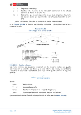 Página 128
Manual de Carreteras: Diseño Geométrico
Revisada y Corregida a Enero de 2018
∆ : Ángulo de deflexión (º)
p : Peralte; valor máximo de la inclinación transversal de la calzada,
asociado al diseño de la curva (%)
Sa : Sobreancho que pueden requerir las curvas para compensar el aumento
de espacio lateral que experimentan los vehículos al describir la curva
(m)
Nota: Las medidas angulares se expresan en grados sexagesimales.
En la Figura 302.01 se ilustran los indicados elementos y nomenclatura de la curva
horizontal circular.
Figura 302.01
Simbología de la curva circular
302.04.02 Radios mínimos
Los radios mínimos de curvatura horizontal son los menores radios que pueden
recorrerse con la velocidad de diseño y la tasa máxima de peralte, en condiciones
aceptables de seguridad y comodidad, para cuyo cálculo puede utilizarse la siguiente
fórmula:
𝑅𝑚í𝑛 =
𝑉2
127 (𝑃𝑚á𝑥 + 𝑓𝑚á𝑥. )
Dónde:
Rmín : Radio Mínimo
V : Velocidad de diseño
Pmáx: Peralte máximo asociado a V (en tanto por uno).
ƒmáx: Coeficiente de fricción transversal máximo asociado a V.
El resultado de la aplicación de la indicada fórmula se aprecia en la Tabla 302.02.
P.C. = Punto de Inicio de la Curva
P.I. = Punto de Intersección
P.T. = Punto de Tangencia
E = Distancia a Externa (m.)
M = Distancia de la Ordenada Media (m.)
R = Longitud del Radio de la Curva (m.)
T = Longitud de la Subtangente (P.C. a P.I. a P.T.) (m.)
L = Longitud de la Curva (m.)
L.C. = Longitud de la Cuerda (m.)
= Angulo de Deflexión
T
T
/2
E
P.I.
L.C.
P.C.
P.T.
Direccion de
Levantamiento CURVA A LA DERECHA
T = R tan 2
L.C. = 2 R sen 2
L = 2 R 360
M = R[1-cos( /2)]
E = R[sec ( /2)-1]
M
 