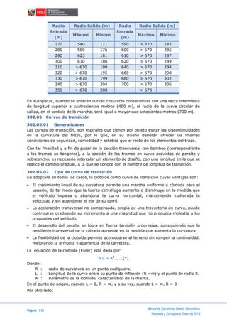 Página 138
Manual de Carreteras: Diseño Geométrico
Revisada y Corregida a Enero de 2018
Radio
Entrada
(m)
Radio Salida (m) Radio
Entrada
(m)
Radio Salida (m)
Máximo Mínimo Máximo Mínimo
270 540 171 590 > 670 282
280 580 176 600 > 670 285
290 623 181 610 > 670 287
300 670 186 620 > 670 289
310 > 670 190 640 > 670 294
320 > 670 195 660 > 670 298
330 > 670 199 680 > 670 302
340 > 670 204 700 > 670 306
350 > 670 208 > 670
En autopistas, cuando se enlacen curvas circulares consecutivas con una recta intermedia
de longitud superior a cuatrocientos metros (400 m), el radio de la curva circular de
salida, en el sentido de la marcha, será igual o mayor que setecientos metros (700 m).
302.05 Curvas de transición
302.05.01 Generalidades
Las curvas de transición, son espirales que tienen por objeto evitar las discontinuidades
en la curvatura del trazo, por lo que, en su diseño deberán ofrecer las mismas
condiciones de seguridad, comodidad y estética que el resto de los elementos del trazo.
Con tal finalidad y a fin de pasar de la sección transversal con bombeo (correspondiente
a los tramos en tangente), a la sección de los tramos en curva provistos de peralte y
sobreancho, es necesario intercalar un elemento de diseño, con una longitud en la que se
realice el cambio gradual, a la que se conoce con el nombre de longitud de transición.
302.05.02 Tipo de curva de transición
Se adoptará en todos los casos, la clotoide como curva de transición cuyas ventajas son:
 El crecimiento lineal de su curvatura permite una marcha uniforme y cómoda para el
usuario, de tal modo que la fuerza centrífuga aumenta o disminuye en la medida que
el vehículo ingresa o abandona la curva horizontal, manteniendo inalterada la
velocidad y sin abandonar el eje de su carril.
 La aceleración transversal no compensada, propia de una trayectoria en curva, puede
controlarse graduando su incremento a una magnitud que no produzca molestia a los
ocupantes del vehículo.
 El desarrollo del peralte se logra en forma también progresiva, consiguiendo que la
pendiente transversal de la calzada aumente en la medida que aumenta la curvatura.
 La flexibilidad de la clotoide permite acomodarse al terreno sin romper la continuidad,
mejorando la armonía y apariencia de la carretera.
La ecuación de la clotoide (Euler) está dada por:
R L = A2
......(*)
Dónde:
R : radio de curvatura en un punto cualquiera.
L : Longitud de la curva entre su punto de inflexión (R =∞) y el punto de radio R.
A : Parámetro de la clotoide, característico de la misma.
En el punto de origen, cuando L = 0, R = ∞, y a su vez, cuando L = ∞, R = 0
Por otro lado:
 