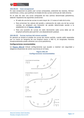 Manual de Carreteras: Diseño Geométrico
Página 147
Revisada y Corregida a Enero de 2018
302.06.02 Caso excepcional
En caso excepcional se podrá usar curvas compuestas, aclarando las razones, técnico-
económicas u otras, que justifican el empleo de dos curvas continuas de radio diverso.
En el caso de usar una curva compuesta de tres centros denominada policéntrica,
deberán respetarse las siguientes condiciones:
 El radio de una de las curvas no será mayor de 1.5 veces el radio de la otra.
 Para armonizar los valores del peralte y sobreancho de cada una de las curvas
vecinas, se empleará una transición de peralte determinada acorde a lo
establecido en el Tópico 302.08.
 Para una sucesión de curvas de radio decreciente cada curva debe ser de
longitud suficiente para permitir una desaceleración gradual.
302.06.03 Curvas vecinas del mismo sentido
En general se evitará el empleo de curvas del mismo sentido, cuando estén separadas
por un tramo en tangente de una longitud menor a 400 m, en longitudes menores
excepcionalmente puede utilizarse una curva policéntrica.
Configuraciones recomendables
La Figura 302.10 incluye configuraciones que ayudan a resolver con seguridad y
elegancia situaciones de común ocurrencia en el trazo.
Figura 302.10
Configuraciones recomendables
R=
8
A
A
R
R
A
A
R=
8
A
R
A
R
A
AR=
8
R
A
A
R
A
R
R
A
R
A
A
R
I. Curva Circular con Curva de Enlace
II. Curva de Inflexion o Curva en S
III. Ovoide
IV. Ovoide Doble
2 1A 3
3 A 22
2 1A 3
3 A 22
R1 A R
3
1 2
R1 R2
R
3 A R
3
1 1
R3 A R
3
2 2
2 A 3
3
1
A2 2
3
3
2
2
2
2
2
2
2
2
2
1
1
1
1
1
1
1
1
1
1
1
1
 