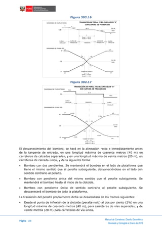 Página 158
Manual de Carreteras: Diseño Geométrico
Revisada y Corregida a Enero de 2018
Figura 302.16
Figura 302.17
El desvanecimiento del bombeo, se hará en la alineación recta e inmediatamente antes
de la tangente de entrada, en una longitud máxima de cuarenta metros (40 m) en
carreteras de calzadas separadas, y en una longitud máxima de veinte metros (20 m), en
carreteras de calzada única, y de la siguiente forma:
 Bombeo con dos pendientes. Se mantendrá el bombeo en el lado de plataforma que
tiene el mismo sentido que el peralte subsiguiente, desvaneciéndose en el lado con
sentido contrario al peralte.
 Bombeo con pendiente única del mismo sentido que el peralte subsiguiente. Se
mantendrá el bombeo hasta el inicio de la clotoide.
 Bombeo con pendiente única de sentido contrario al peralte subsiguiente. Se
desvanecerá el bombeo de toda la plataforma.
La transición del peralte propiamente dicha se desarrollará en los tramos siguientes:
 Desde el punto de inflexión de la clotoide (peralte nulo) al dos por ciento (2%) en una
longitud máxima de cuarenta metros (40 m), para carreteras de vías separadas, y de
veinte metros (20 m) para carreteras de vía única.
Longitud de Cambio b
+p%
EJE DE
GIRO
BE
+p%
EJE
BI
-p%
-b% -b%
+b%
+b%
DIAGRAMA DE PERALTES
Grupo 1, L< 80 m.
Grupo 2, L< 40 m.
-p%
DIAGRAMA DE CURVATURAS
EJE
R
EJE DE
GIRO
R
R=A² / L
R=A² / L
R=
8
CURVA
CIRCULAR
CURVA DE
TRANSICION TANGENTE
CURVA DE
TRANSICION
CURVA
CIRCULAR
Grupo 1 < 200 m.
Grupo 2 < 150 m.
TRANSICIÓN DE PERALTE EN CURVAS EN "S"
CON CURVAS DE TRANSICIÓN
L
TRANSICIÓN DE PERALTE EN CURVAS EN "S"
SIN CURVAS DE TRANSICIÓNDIAGRAMA DE CURVATURAS
DIAGRAMA DE PERALTES
Longitud de Cambio b
Grupo 1, L< 80 m.
Grupo 2, L< 40 m.
R=
8
R(m)
R(m)
EJE
CURVA
CIRCULAR CURVA
CIRCULAR
TANGENTE
EJE DE
GIRO
BI
BE
+p%-p%
+0.7p%
-0.7p%
-0.7p%
+0.7p%+p% -p%
BE
BI
EJE
-b%
-b% +b%
+b%
 