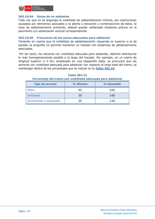 Página 168
Manual de Carreteras: Diseño Geométrico
Revisada y Corregida a Enero de 2018
302.10.04 Zonas de no adelantar
Toda vez que no se disponga la visibilidad de adelantamiento mínima, por restricciones
causadas por elementos asociados a la planta o elevación o combinaciones de éstos, la
zona de adelantamiento prohibido, deberá quedar señalizada mediante pintura en el
pavimento y/o señalización vertical correspondiente.
302.10.05 Frecuencia de las zonas adecuadas para adelantar
Teniendo en cuenta que la visibilidad de adelantamiento requerida es superior a la de
parada, la orografía no permite mantener un trazado con distancias de adelantamiento
adecuadas.
Por tal razón, los sectores con visibilidad adecuada para adelantar, deberán distribuirse
lo más homogéneamente posible a lo largo del trazado. Por ejemplo, en un tramo de
longitud superior a 5 km, emplazado en una topografía dada, se procurará que los
sectores con visibilidad adecuada para adelantar con respecto al largo total del tramo, se
mantengan dentro de los porcentajes que se indican en la Tabla 302.22.
Tabla 302.22
Porcentaje del tramo con visibilidad adecuada para adelantar
Tipo de terreno % Mínimo % Deseable
Plano 45 ≥65
Ondulado 30 ≥50
Accidentado o escarpado 20 ≥30
 