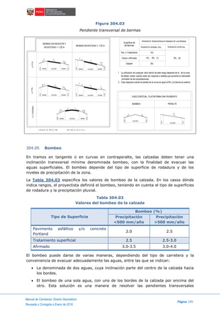 Manual de Carreteras: Diseño Geométrico
Página 195
Revisada y Corregida a Enero de 2018
Figura 304.03
Pendiente transversal de bermas
304.05 Bombeo
En tramos en tangente o en curvas en contraperalte, las calzadas deben tener una
inclinación transversal mínima denominada bombeo, con la finalidad de evacuar las
aguas superficiales. El bombeo depende del tipo de superficie de rodadura y de los
niveles de precipitación de la zona.
La Tabla 304.03 especifica los valores de bombeo de la calzada. En los casos dónde
indica rangos, el proyectista definirá el bombeo, teniendo en cuenta el tipo de superficies
de rodadura y la precipitación pluvial.
Tabla 304.03
Valores del bombeo de la calzada
Tipo de Superficie
Bombeo (%)
Precipitación
<500 mm/año
Precipitación
>500 mm/año
Pavimento asfáltico y/o concreto
Portland
2.0 2.5
Tratamiento superficial 2.5 2.5-3.0
Afirmado 3.0-3.5 3.0-4.0
El bombeo puede darse de varias maneras, dependiendo del tipo de carretera y la
conveniencia de evacuar adecuadamente las aguas, entre las que se indican:
 La denominada de dos aguas, cuya inclinación parte del centro de la calzada hacia
los bordes.
 El bombeo de una sola agua, con uno de los bordes de la calzada por encima del
otro. Esta solución es una manera de resolver las pendientes transversales
BERMA CALZADA BERMA
BERMA CALZADA BERMA
BERMA CALZADA BERMA BERMA CALZADA BERMA
BERMA CALZADA BERMA
BERMAS SIN REVESTIR Y
REVESTIDAS > 1.20 m
BERMAS REVESTIDAS < 1.20 m
P
P
P
P
P
(*) Si 0 <p < 8 - PN; p = PN Si 8 - PN < p < 8 ; p = 8 - p
P.N.
P
P
P.N.
P
P.N.
bb
P.N.
P.N.
1
(*)
8 - p
p=b(bombeo)p>P.N.p<P.N.
1 1
s.a.c.
s.a.c.
s.a.c.
s.a.c.
s.a.c.
s.a.c.
s.a.c.
s.a.c.
s.a.c.
s.a.c.
CALZADA
CALZADA
BOMBEO PERALTE
CASO ESPECIAL: PLATAFORMA SIN PAVIMENTO
La utilización de cualquier valor dentro de este rango depende de la de la zona.
Se deben utilizar valores cada vez mayores a medida que aumenta la intensidad
1
2
Superficie de
las Bermas
Pav. o Tratamiento
Grava o Afirmado
Césped 8%
0% (2)4% - 6% (1)
4%
PENDIENTE TRANSVERSALES MINIMAS DE LAS BERMAS
PENDIENTE NORMAL (PN) PENDIENTE ESPECIAL
promedio de las precipitaciones.
Caso especial cuando el peralte de la curva es igual al 8% y la berma es exterior.
P
bb
s.a.c.
s.a.c.
s.a.c.
s.a.c.
 