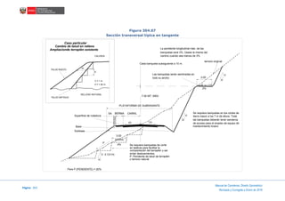 Página 203
Manual de Carreteras: Diseño Geométrico
Revisada y Corregida a Enero de 2018
Figura 304.07
Sección transversal típica en tangente
La pendiente longitudinal máx. de las
banquetas será 3%. Usese la misma del
camino cuando sea menos de 3%
Cada banqueta subsiguiente a 10 m.
Las banquetas serán sembradas en
todo su ancho
PLATAFORMA DE SUBRASANTE
7.00 MT. MÁX.
BERMA CARRILSA
terreno original
3.00
V
H
2%
H
V
Se requiere banquetas en los cortes de
tierra mayor a los 7 m de altura. Toda
las banquetas deberán tener senderos
de acceso para el empleo de equipo de
mantenimiento liviano
Se requiere banquetas de corte
en laderas para facilitar la
compactación del terraplén y así
evitar deslizamientos.
P: Pendiente de talud de terraplén
o terreno natural
Superficie de rodadura
Base
Subbase
3.00
mínimo
4%
V 3:1(V:H)
H
P
2% 2%
Para P (PENDIENTE) = 20%
H
V
CALZADA
TALUD NUEVO
RELLENO NATURAL
TALUD ANTIGUO
V = 1 m
H = 1.50 m
Caso particular
Cambio de talud en relleno
Ampliacionde terraplén existente
SOBREANCHO
PLATAFORMA
 
