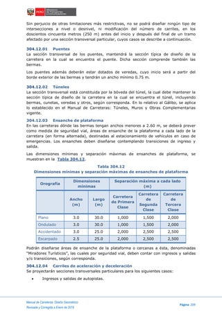 Manual de Carreteras: Diseño Geométrico
Página 209
Revisada y Corregida a Enero de 2018
Sin perjuicio de otras limitaciones más restrictivas, no se podrá diseñar ningún tipo de
intersecciones a nivel o desnivel, ni modificación del número de carriles, en los
doscientos cincuenta metros (250 m) antes del inicio y después del final de un tramo
afectado por una sección transversal particular, cuyos casos se describe a continuación.
304.12.01 Puentes
La sección transversal de los puentes, mantendrá la sección típica de diseño de la
carretera en la cual se encuentra el puente. Dicha sección comprende también las
bermas.
Los puentes además deberán estar dotados de veredas, cuyo inicio será a partir del
borde exterior de las bermas y tendrán un ancho mínimo 0.75 m.
304.12.02 Túneles
La sección transversal está constituida por la bóveda del túnel, la cual debe mantener la
sección típica de diseño de la carretera en la cual se encuentra el túnel, incluyendo
bermas, cunetas, veredas y otros, según corresponda. En lo relativo al Gálibo, se aplica
lo establecido en el Manual de Carreteras: Túneles, Muros y Obras Complementarias
vigente.
304.12.03 Ensanche de plataforma
En las carreteras dónde las bermas tengan anchos menores a 2.60 m, se deberá prever
como medida de seguridad vial, áreas de ensanche de la plataforma a cada lado de la
carretera (en forma alternada), destinadas al estacionamiento de vehículos en caso de
emergencias. Los ensanches deben diseñarse contemplando transiciones de ingreso y
salida.
Las dimensiones mínimas y separación máximas de ensanches de plataforma, se
muestran en la Tabla 304.12.
Tabla 304.12
Dimensiones mínimas y separación máximas de ensanches de plataforma
Orografía
Dimensiones
mínimas
Separación máxima a cada lado
(m)
Ancho
(m)
Largo
(m)
Carretera
de Primera
Clase
Carretera
de
Segunda
Clase
Carretera
de
Tercera
Clase
Plano 3.0 30.0 1,000 1,500 2,000
Ondulado 3.0 30.0 1,000 1,500 2,000
Accidentado 3.0 25.0 2,000 2,500 2,500
Escarpado 2.5 25.0 2,000 2,500 2,500
Podrán diseñarse áreas de ensanche de la plataforma o cercanas a ésta, denominadas
“Miradores Turísticos”, las cuales por seguridad vial, deben contar con ingresos y salidas
y/o transiciones, según corresponda.
304.12.04 Carriles de aceleración y deceleración
Se proyectarán secciones transversales particulares para los siguientes casos:
 Ingresos y salidas de autopistas.
 