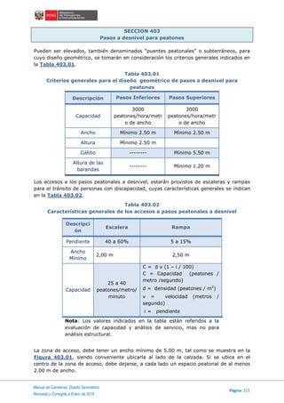 Manual de Carreteras: Diseño Geométrico
Página 213
Revisada y Corregida a Enero de 2018
SECCION 403
Pasos a desnivel para peatones
Pueden ser elevados, también denominados “puentes peatonales” o subterráneos, para
cuyo diseño geométrico, se tomarán en consideración los criterios generales indicados en
la Tabla 403.01.
Tabla 403.01
Criterios generales para el diseño geométrico de pasos a desnivel para
peatones
Descripción Pasos Inferiores Pasos Superiores
Capacidad
3000
peatones/hora/metr
o de ancho
3000
peatones/hora/metr
o de ancho
Ancho Mínimo 2.50 m Mínimo 2.50 m
Altura Mínimo 2.50 m
Gálibo -------- Mínimo 5.50 m
Altura de las
barandas
-------- Mínimo 1.20 m
Los accesos a los pasos peatonales a desnivel, estarán provistos de escaleras y rampas
para el tránsito de personas con discapacidad, cuyas características generales se indican
en la Tabla 403.02.
Tabla 403.02
Características generales de los accesos a pasos peatonales a desnivel
Descripci
ón
Escalera Rampa
Pendiente 40 a 60% 5 a 15%
Ancho
Mínimo
2,00 m 2,50 m
Capacidad
25 a 40
peatones/metro/
minuto
C = d v (1 – i / 100)
C = Capacidad (peatones /
metro /segundo)
d = densidad (peatones / m2
)
v = velocidad (metros /
segundo)
i = pendiente
Nota: Los valores indicados en la tabla están referidos a la
evaluación de capacidad y análisis de servicio, mas no para
análisis estructural.
La zona de acceso, debe tener un ancho mínimo de 5.00 m, tal como se muestra en la
Figura 403.01, siendo conveniente ubicarla al lado de la calzada. Si se ubica en el
centro de la zona de acceso, debe dejarse, a cada lado un espacio peatonal de al menos
2.00 m de ancho.
 