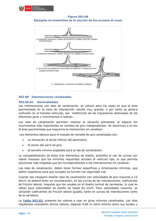 Página 224
Manual de Carreteras: Diseño Geométrico
Revisada y Corregida a Enero de 2018
Figura 502.06
Ejemplos se ensanches de la sección de los accesos al cruce
502.06 Intersecciones canalizadas
502.06.01 Generalidades
Las intersecciones con islas de canalización, se utilizan para los casos en que el área
pavimentada en la zona de intersección resulta muy grande, y por tanto se genera
confusión en el tránsito vehicular, por indefinición de las trayectorias destinadas de los
diferentes giros y movimientos a realizar.
Las islas de canalización permiten resolver la situación planteada, al separar los
movimientos más importantes en ramales de giro independientes. Se disminuye a la vez
el área pavimentada que requeriría la intersección sin canalizar.
Los elementos básicos para el trazado de ramales de giro canalizados son:
 La alineación al borde inferior del pavimento.
 El ancho del carril de giro.
 El tamaño mínimo aceptable para la isla de canalización.
La compatibilización de estos tres elementos de diseño, posibilita el uso de curvas con
radios mayores que los mínimos requeridos acordes al vehículo tipo, lo que permite
soluciones más holgadas que las correspondientes a las intersecciones sin canalizar.
Las islas de canalización, deben tener formas específicas y dimensiones mínimas, que
deben respetarse para que cumplan su función con seguridad vial.
Cuando sea necesario diseñar islas de canalización con velocidades de giro mayores a 15
Km/h, se deberá tener en consideración, en las curvas de las intersecciones, coeficientes
de fricción lateral, mayores que los usuales en el diseño normal de carreteras, lo cual es
válido para velocidades de diseño de hasta 65 km/h. Para velocidades mayores, se
utilizarán coeficientes de fricción lateral iguales, tanto en curvas de intersecciones como
de la carretera.
La Tabla 502.03, presenta los valores a usar en giros mínimos canalizados. Las islas
resultantes consideran dichos valores, dejando 0,60 m como mínimo entre sus bordes y
A- ENSANCHE MEDIANTE CARRIL ADYACENTE AL MISMO LADO DEL CAMINO
INTERCEPTADO
B- ENSANCHE MEDIANTE CARRIL OPUESTO AL CAMINO INTERCEPTADO
C- SOLUCION DE ENSANCHE CON CARRIL INTERMEDIO Y ENSANCHE EN EL
CAMINO INTERCEPTADO
D - ENSANCHES LATERALES EN AMBOS CAMINOS
 