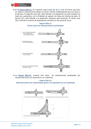 Manual de Carreteras: Diseño Geométrico
Página 229
Revisada y Corregida a Enero de 2018
d) En la Figura 502.11, se muestran cuatro casos (A, B, C, y D). El primer caso (A),
se refiere a intersecciones dónde se prevén carriles independientes para los giros a
la derecha. El segundo caso (B), está referido a la disposición de islas triangulo en
todos los cuadrantes, con la finalidad de separar los flujos de tránsito de paso. El
tercero (C), está referido a la separación mediante islas divisorias. El último caso
(D), trata de la creación de separadores centrales en las zonas de cruce.
Figura 502.11
Otros casos de intersecciones canalizadas
e) La Figura 502.12, muestra tres casos de intersecciones canalizadas con
importantes giros a la izquierda en un cuadrante.
Figura 502.12
Intersecciones con importantes giros a la izquierda en un cuadrante
A - VIAS A LA DERECHA MEDIANTE
ISLAS TRIANGULARES
EN CUADRANTE AGUDOS
B - ISLAS TRIANGULO EN
TODOS LOS CUADRANTES
C - SEPARACION MEDIANTE
ISLAS DIVISORIAS
D- CREACION DE SEPARADOR CENTRAL
EN ZONA DE CRUCE
d
b
c
A- GIRO DELINEADO POR SEPARADOR CENTRAL ANGOSTO B- GIRO PROTEGIDO POR EL SEPARADOR CENTRAL E ISLA DIVISORA
c
b
a
C-GIRO SACADO DEL CRUCE MEDIANTE DIAGONAL
MIN. 100 m.
MIN. 100 m.
a
a
d
 