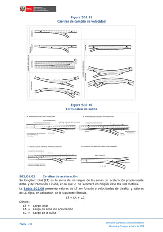 Página 234
Manual de Carreteras: Diseño Geométrico
Revisada y Corregida a Enero de 2018
Figura 502.15
Carriles de cambio de velocidad
Figura 502.16
Terminales de salida
502.09.02 Carriles de aceleración
Su longitud total (LT) es la suma de los largos de las zonas de aceleración propiamente
dicha y de transición o cuña, en la que LT no superará en ningún caso los 300 metros.
La Tabla 502.09 presenta valores de LT en función a velocidades de diseño, y valores
de LC fijos, en aplicación de la siguiente fórmula.
LT = LA + LC
Dónde:
LT = Largo total
LA = Largo en zona de aceleración
LC = Largo de la cuña
DIRECTAPARALELA
BASICAS
BASICAENCURVAS
VIASDEACELERACION
VIASDEACELERACION
CENTRALENCURVAS
HUSO PAVIMENTADO
PAVIMENTOS CONTRASTADOS
LARGO DE CARRIL DE RECUPERACION
EN CARRILES DE DECELERACION
DE TIPO PARALELO
C=3 a 3.6 m
C=1.2 a 3.6
RADIO 0.6 a 0.9 m
A- BERMA ANGOSTA O SIN ESTABILIZAR B- BERMA ESTABILIZADAS O PAVIMENTADAS
PAVIMENTOS CONTRASTADOS
PREFERIBLEMENTE
PAVIMENTADA
RADIO
0.6 a 0.9
BERMA
C
C
C
C - REDUCCION DE PISTA DE TRANSITO DIRECTO D- HORQUILLA O NARIZ EN CARRETERA PRIMARIA
PAVIMENTO CONTRASTADO
CARRIL DE TRANSITO DIRECTO
CONTINUA EN RAMAL DE SALIDA
C = 3.6 m
RADIO 06 a 0.6 m
RADIO 06 a 0.6 m
HUBO PAVIMENTO
C= 1.8 MM
Z
Z
Z
 