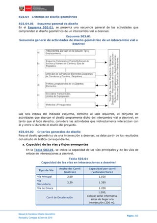 Manual de Carreteras: Diseño Geométrico
Página 255
Revisada y Corregida a Enero de 2018
503.04 Criterios de diseño geométrico
503.04.01 Esquema general de diseño
En el Esquema 503.01, se presenta una secuencia general de las actividades que
comprenden el diseño geométrico de un intercambio vial a desnivel.
Esquema 503.01
Secuencia general de actividades de diseño geométrico de un intercambio vial a
desnivel
Las seis etapas del indicado esquema, contiene al lado izquierdo, el conjunto de
actividades que abarcan el diseño propiamente dicho del intercambio vial a desnivel; en
tanto que al lado derecho, considera las actividades que indirectamente interactúan con
él y entre sí durante el diseño del proyecto.
503.04.02 Criterios generales de diseño
Para el diseño geométrico de una intersección a desnivel, se debe partir de los resultados
del estudio de tráfico correspondiente.
a. Capacidad de las vías y flujos emergentes
En la Tabla 503.01, se indica la capacidad de las vías principales y de las vías de
enlace en intersecciones a desnivel.
Tabla 503.01
Capacidad de las vías en intersecciones a desnivel
Tipo de Vía
Ancho del Carril
(metros)
Capacidad por carril
(vehículo/hora)
Vía Principal 3,60 1.500
Vía
Secundaria
3,30 1.350
Vía de Enlace 1.200
Carril de Deceleración
1.200,
Colocar señal informativa
antes de llegar a la
intersección (200 m).
 