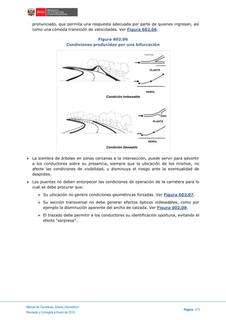 Manual de Carreteras: Diseño Geométrico
Página 273
Revisada y Corregida a Enero de 2018
pronunciado, que permita una respuesta adecuada por parte de quienes ingresan, así
como una cómoda transición de velocidades. Ver Figura 602.06.
Figura 602.06
Condiciones producidas por una bifurcación
 La siembra de árboles en zonas cercanas a la intersección, puede servir para advertir
a los conductores sobre su presencia, siempre que la ubicación de los mismos, no
afecte las condiciones de visibilidad, y disminuya el riesgo ante la eventualidad de
despistes.
 Los puentes no deben entorpecer las condiciones de operación de la carretera para lo
cual se debe procurar que:
 Su ubicación no genere condiciones geométricas forzadas. Ver Figura 602.07.
 Su sección transversal no debe generar efectos ópticos indeseables, como por
ejemplo la disminución aparente del ancho de calzada. Ver Figura 602.08.
 El trazado debe permitir a los conductores su identificación oportuna, evitando el
efecto “sorpresa”.
PLANTA
PERFIL
Calzada Principal
Calzada Secundaria
Condición Indeseable
PERFIL
PLANTA
Condición Deseable
 