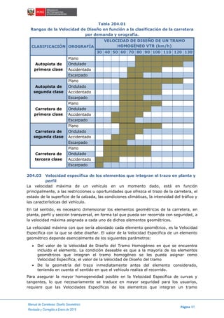Manual de Carreteras: Diseño Geométrico
Página 97
Revisada y Corregida a Enero de 2018
Tabla 204.01
Rangos de la Velocidad de Diseño en función a la clasificación de la carretera
por demanda y orografía.
CLASIFICACIÓN OROGRAFÍA
VELOCIDAD DE DISEÑO DE UN TRAMO
HOMOGÉNEO VTR (km/h)
30 40 50 60 70 80 90 100 110 120 130
Autopista de
primera clase
Plano
Ondulado
Accidentado
Escarpado
Autopista de
segunda clase
Plano
Ondulado
Accidentado
Escarpado
Carretera de
primera clase
Plano
Ondulado
Accidentado
Escarpado
Carretera de
segunda clase
Plano
Ondulado
Accidentado
Escarpado
Carretera de
tercera clase
Plano
Ondulado
Accidentado
Escarpado
204.03 Velocidad específica de los elementos que integran el trazo en planta y
perfil
La velocidad máxima de un vehículo en un momento dado, está en función
principalmente, a las restricciones u oportunidades que ofrezca el trazo de la carretera, el
estado de la superficie de la calzada, las condiciones climáticas, la intensidad del tráfico y
las características del vehículo.
En tal sentido, es necesario dimensionar los elementos geométricos de la carretera, en
planta, perfil y sección transversal, en forma tal que pueda ser recorrida con seguridad, a
la velocidad máxima asignada a cada uno de dichos elementos geométricos.
La velocidad máxima con que sería abordado cada elemento geométrico, es la Velocidad
Específica con la que se debe diseñar. El valor de la Velocidad Específica de un elemento
geométrico depende esencialmente de los siguientes parámetros:
 Del valor de la Velocidad de Diseño del Tramo Homogéneo en que se encuentra
incluido el elemento. La condición deseable es que a la mayoría de los elementos
geométricos que integran el tramo homogéneo se les pueda asignar como
Velocidad Específica, el valor de la Velocidad de Diseño del tramo
 De la geometría del trazo inmediatamente antes del elemento considerado,
teniendo en cuenta el sentido en que el vehículo realiza el recorrido.
Para asegurar la mayor homogeneidad posible en la Velocidad Específica de curvas y
tangentes, lo que necesariamente se traduce en mayor seguridad para los usuarios,
requiere que las Velocidades Específicas de los elementos que integran un tramo
 
