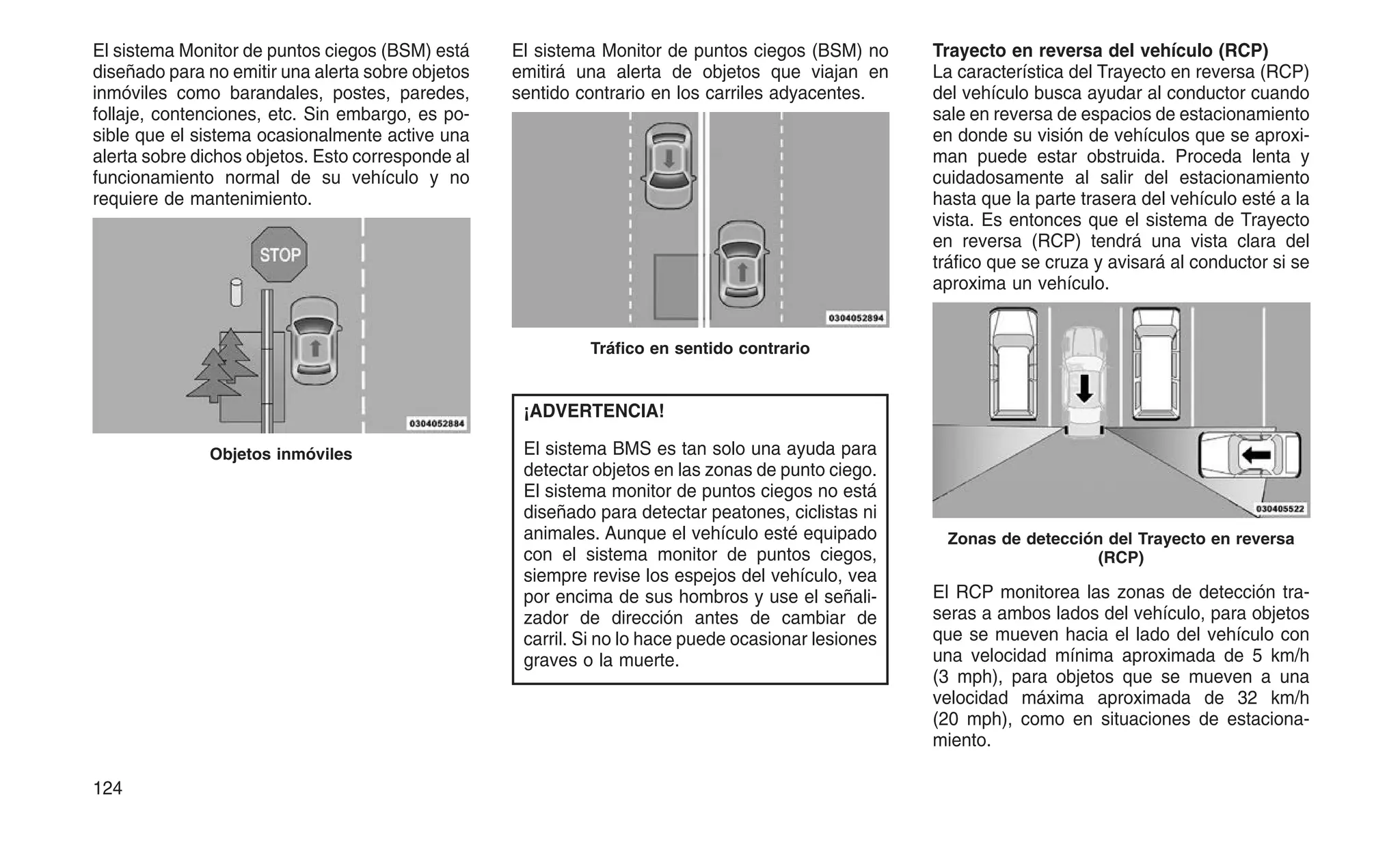 El sistema Monitor de puntos ciegos (BSM) está
diseñado para no emitir una alerta sobre objetos
inmóviles como barandales, postes, paredes,
follaje, contenciones, etc. Sin embargo, es po-
sible que el sistema ocasionalmente active una
alerta sobre dichos objetos. Esto corresponde al
funcionamiento normal de su vehículo y no
requiere de mantenimiento.
El sistema Monitor de puntos ciegos (BSM) no
emitirá una alerta de objetos que viajan en
sentido contrario en los carriles adyacentes.
¡ADVERTENCIA!
El sistema BMS es tan solo una ayuda para
detectar objetos en las zonas de punto ciego.
El sistema monitor de puntos ciegos no está
diseñado para detectar peatones, ciclistas ni
animales. Aunque el vehículo esté equipado
con el sistema monitor de puntos ciegos,
siempre revise los espejos del vehículo, vea
por encima de sus hombros y use el señali-
zador de dirección antes de cambiar de
carril. Si no lo hace puede ocasionar lesiones
graves o la muerte.
Trayecto en reversa del vehículo (RCP)
La característica del Trayecto en reversa (RCP)
del vehículo busca ayudar al conductor cuando
sale en reversa de espacios de estacionamiento
en donde su visión de vehículos que se aproxi-
man puede estar obstruida. Proceda lenta y
cuidadosamente al salir del estacionamiento
hasta que la parte trasera del vehículo esté a la
vista. Es entonces que el sistema de Trayecto
en reversa (RCP) tendrá una vista clara del
tráfico que se cruza y avisará al conductor si se
aproxima un vehículo.
El RCP monitorea las zonas de detección tra-
seras a ambos lados del vehículo, para objetos
que se mueven hacia el lado del vehículo con
una velocidad mínima aproximada de 5 km/h
(3 mph), para objetos que se mueven a una
velocidad máxima aproximada de 32 km/h
(20 mph), como en situaciones de estaciona-
miento.
Objetos inmóviles
Tráfico en sentido contrario
Zonas de detección del Trayecto en reversa
(RCP)
124
 