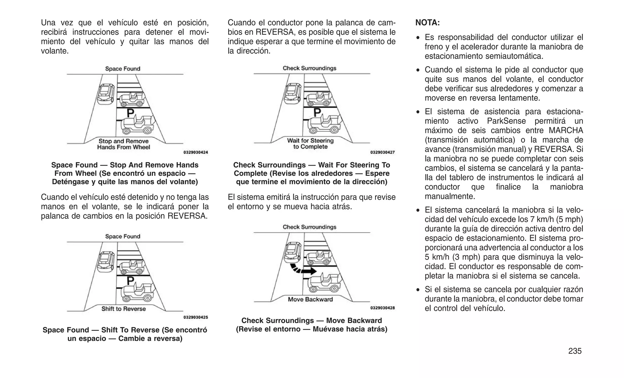 Una vez que el vehículo esté en posición,
recibirá instrucciones para detener el movi-
miento del vehículo y quitar las manos del
volante.
Cuando el vehículo esté detenido y no tenga las
manos en el volante, se le indicará poner la
palanca de cambios en la posición REVERSA.
Cuando el conductor pone la palanca de cam-
bios en REVERSA, es posible que el sistema le
indique esperar a que termine el movimiento de
la dirección.
El sistema emitirá la instrucción para que revise
el entorno y se mueva hacia atrás.
NOTA:
• Es responsabilidad del conductor utilizar el
freno y el acelerador durante la maniobra de
estacionamiento semiautomática.
• Cuando el sistema le pide al conductor que
quite sus manos del volante, el conductor
debe verificar sus alrededores y comenzar a
moverse en reversa lentamente.
• El sistema de asistencia para estaciona-
miento activo ParkSense permitirá un
máximo de seis cambios entre MARCHA
(transmisión automática) o la marcha de
avance (transmisión manual) y REVERSA. Si
la maniobra no se puede completar con seis
cambios, el sistema se cancelará y la panta-
lla del tablero de instrumentos le indicará al
conductor que finalice la maniobra
manualmente.
• El sistema cancelará la maniobra si la velo-
cidad del vehículo excede los 7 km/h (5 mph)
durante la guía de dirección activa dentro del
espacio de estacionamiento. El sistema pro-
porcionará una advertencia al conductor a los
5 km/h (3 mph) para que disminuya la velo-
cidad. El conductor es responsable de com-
pletar la maniobra si el sistema se cancela.
• Si el sistema se cancela por cualquier razón
durante la maniobra, el conductor debe tomar
el control del vehículo.
Space Found — Stop And Remove Hands
From Wheel (Se encontró un espacio —
Deténgase y quite las manos del volante)
Space Found — Shift To Reverse (Se encontró
un espacio — Cambie a reversa)
Check Surroundings — Wait For Steering To
Complete (Revise los alrededores — Espere
que termine el movimiento de la dirección)
Check Surroundings — Move Backward
(Revise el entorno — Muévase hacia atrás)
235
 